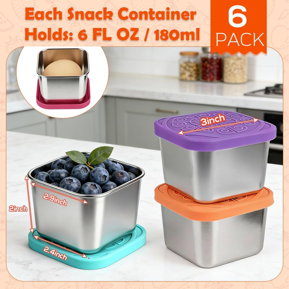 YQL 6-Pack 6oz Square Stainless Steel Snack Containers – Leakproof Metal Food Storage with Colorful Silicone Lids, Reusable Small Boxes for Travel & Meal Prep - Image 2