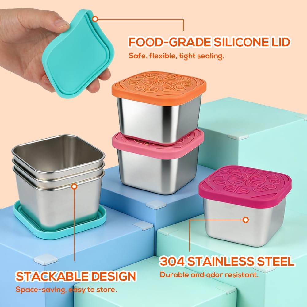 YQL 6-Pack 6oz Square Stainless Steel Snack Containers – Leakproof Metal Food Storage with Colorful Silicone Lids, Reusable Small Boxes for Travel & Meal Prep - Image 3