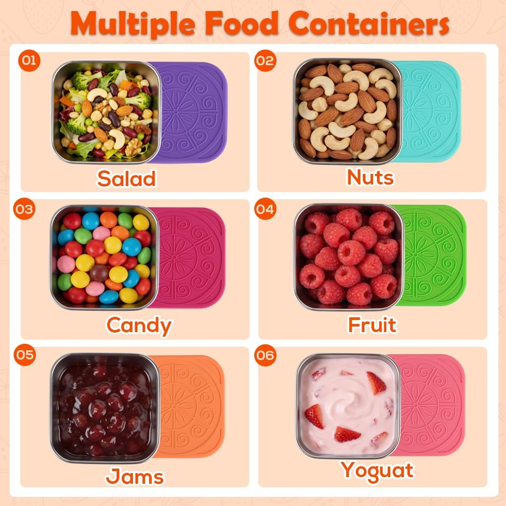 YQL 6-Pack 6oz Square Stainless Steel Snack Containers – Leakproof Metal Food Storage with Colorful Silicone Lids, Reusable Small Boxes for Travel & Meal Prep - Image 4