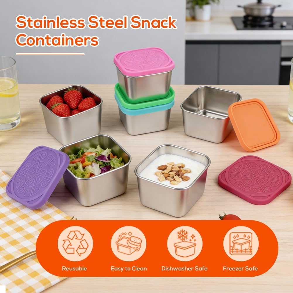 YQL 6-Pack 6oz Square Stainless Steel Snack Containers – Leakproof Metal Food Storage with Colorful Silicone Lids, Reusable Small Boxes for Travel & Meal Prep - Image 6