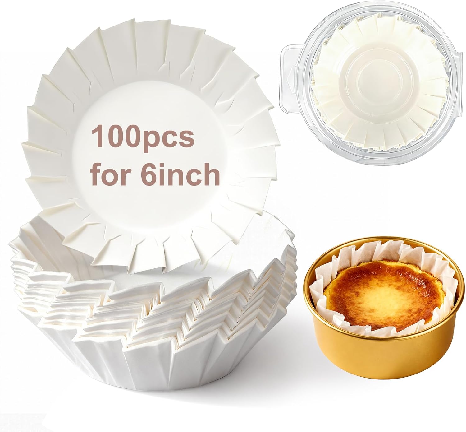 YQL 100PCS 6 Inch Disposable Basque Cake Liners, Non-Stick Parchment Baking Cups for Cheesecake, Muffin, Cupcake, Heat-Resistant Wrappers for Oven, Air Fryer, Microwave, White - Image 1