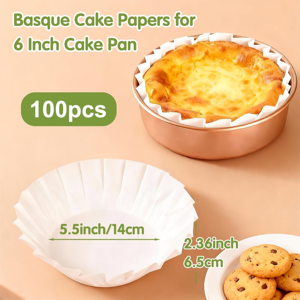YQL 100PCS 6 Inch Disposable Basque Cake Liners, Non-Stick Parchment Baking Cups for Cheesecake, Muffin, Cupcake, Heat-Resistant Wrappers for Oven, Air Fryer, Microwave, White - Image 2
