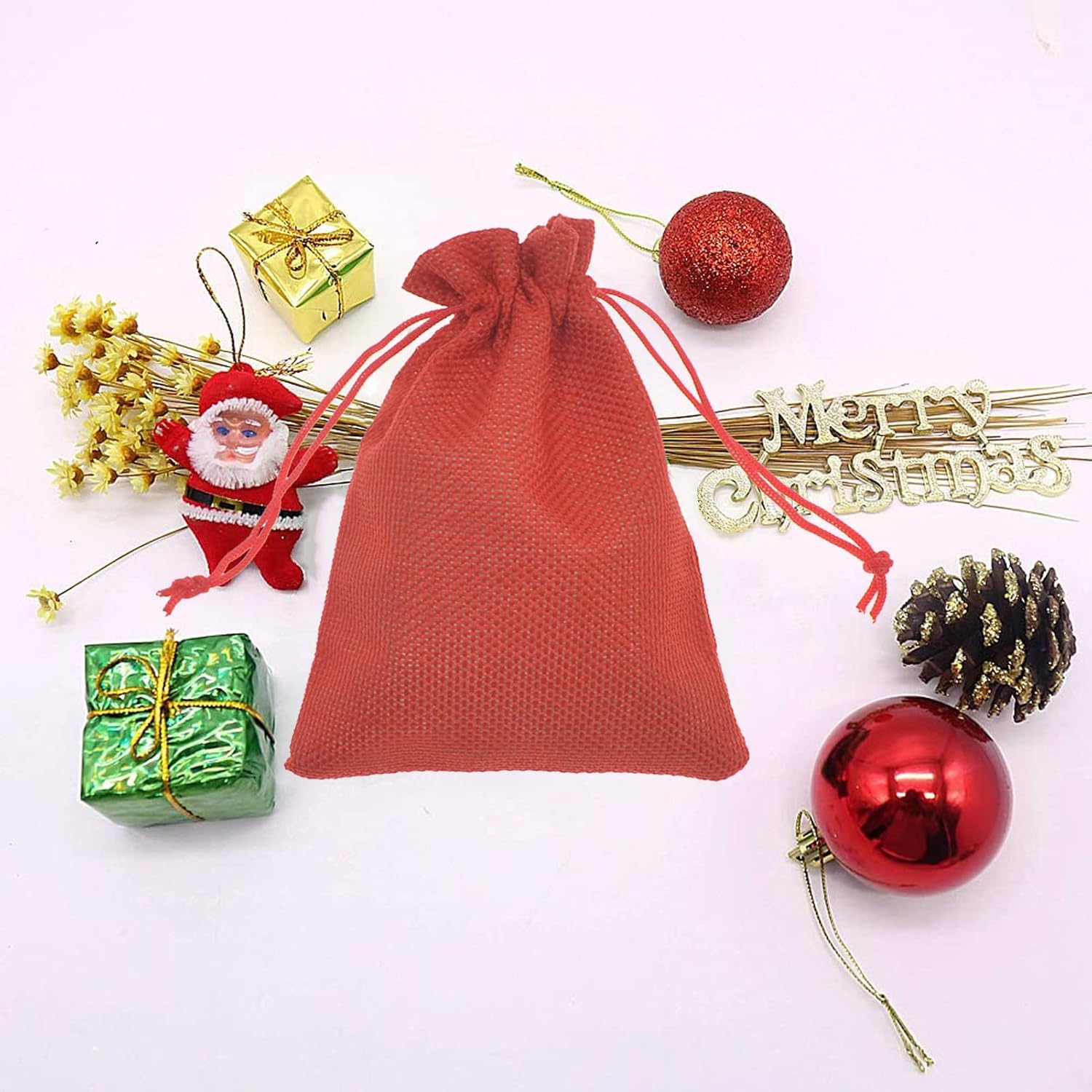 50Pcs Burlap Gift Bags 5 x 7 Inch, Red Linen Drawstring Christmas Candy Bags, Jute Sacks Jewelry Pouches Wedding Party Favor Bags - Image 6