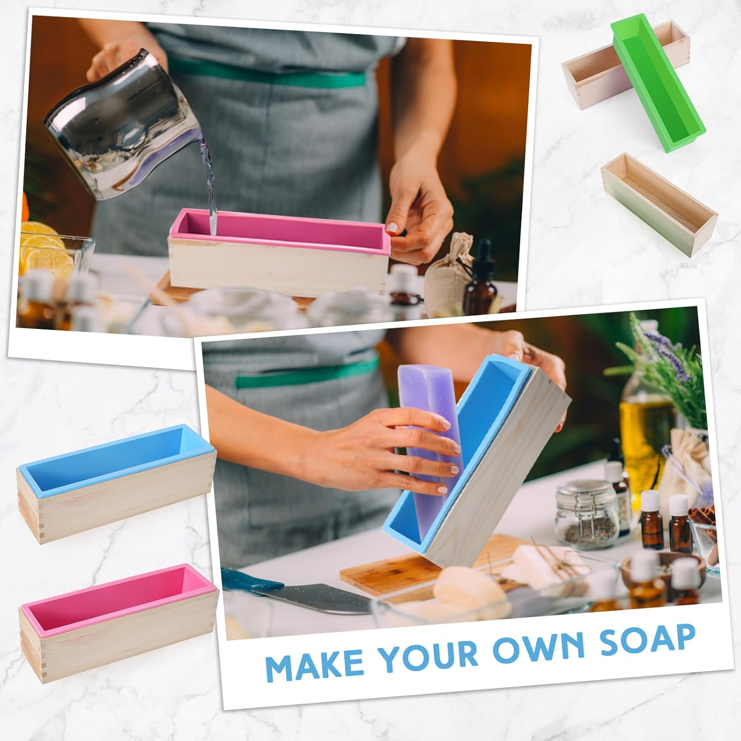 3 Pcs 42oz Soap Loaf Mold Flexible Rectangular Silicone Soap Molds Wood Box Tray Making Supplies for Homemade Craft DIY Tool(Green, Pink, Blue) - Image 4
