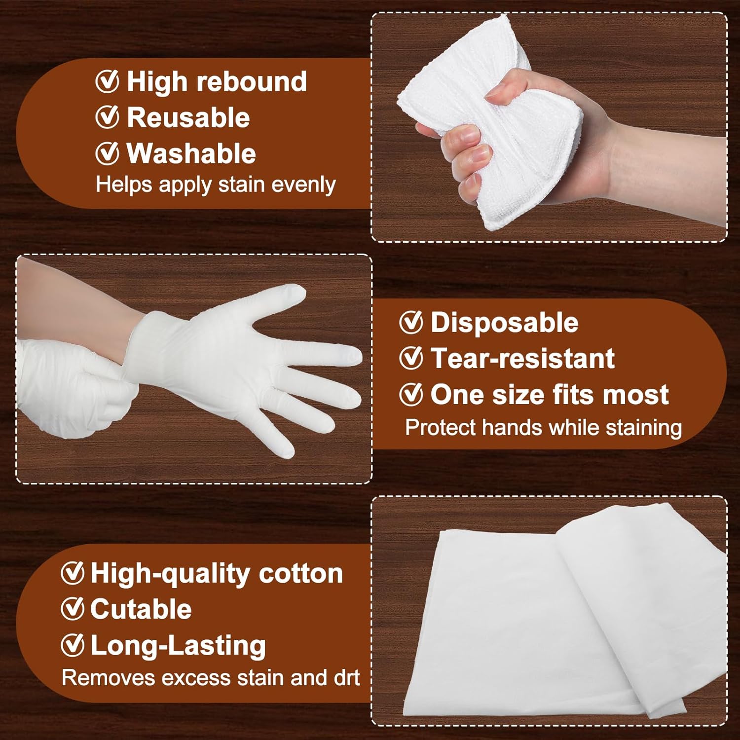 60 Pcs Wood Staining Applicator Kit Include Microfiber Sponge Applicator Pads Cotton Lint Free Cloth Disposable Nitrile Gloves for Wood Stain and Oil Based Finishes - Image 5