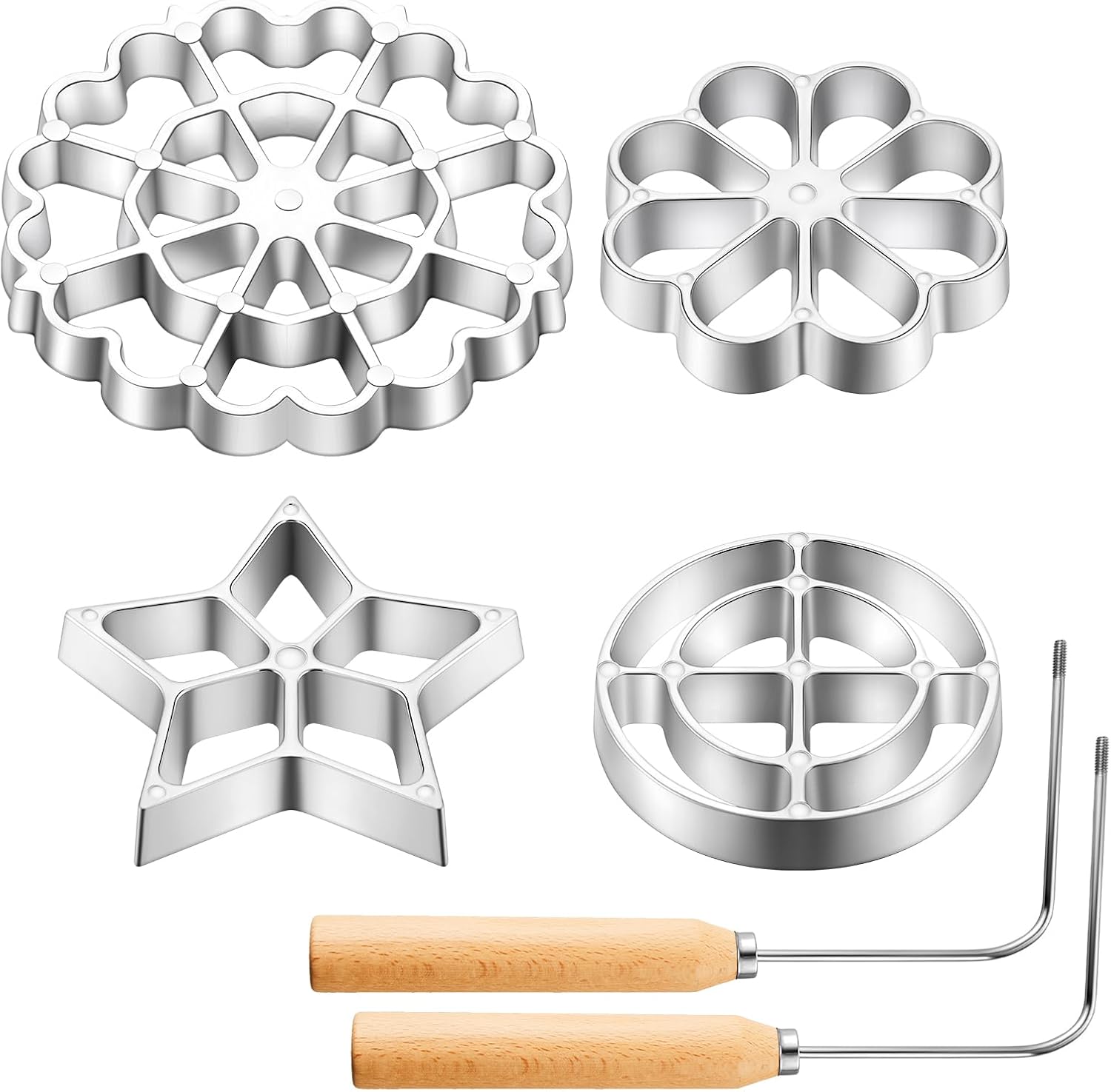 6 Pcs Rosette Iron Mold Set Bunuelos Mold with Handle Cooking Stamp Maker Kit Cookie Cutter Aluminum Alloy Waffle Maker with 3 Interchangeable Head Star Flower Circle(Wood) - Image 1