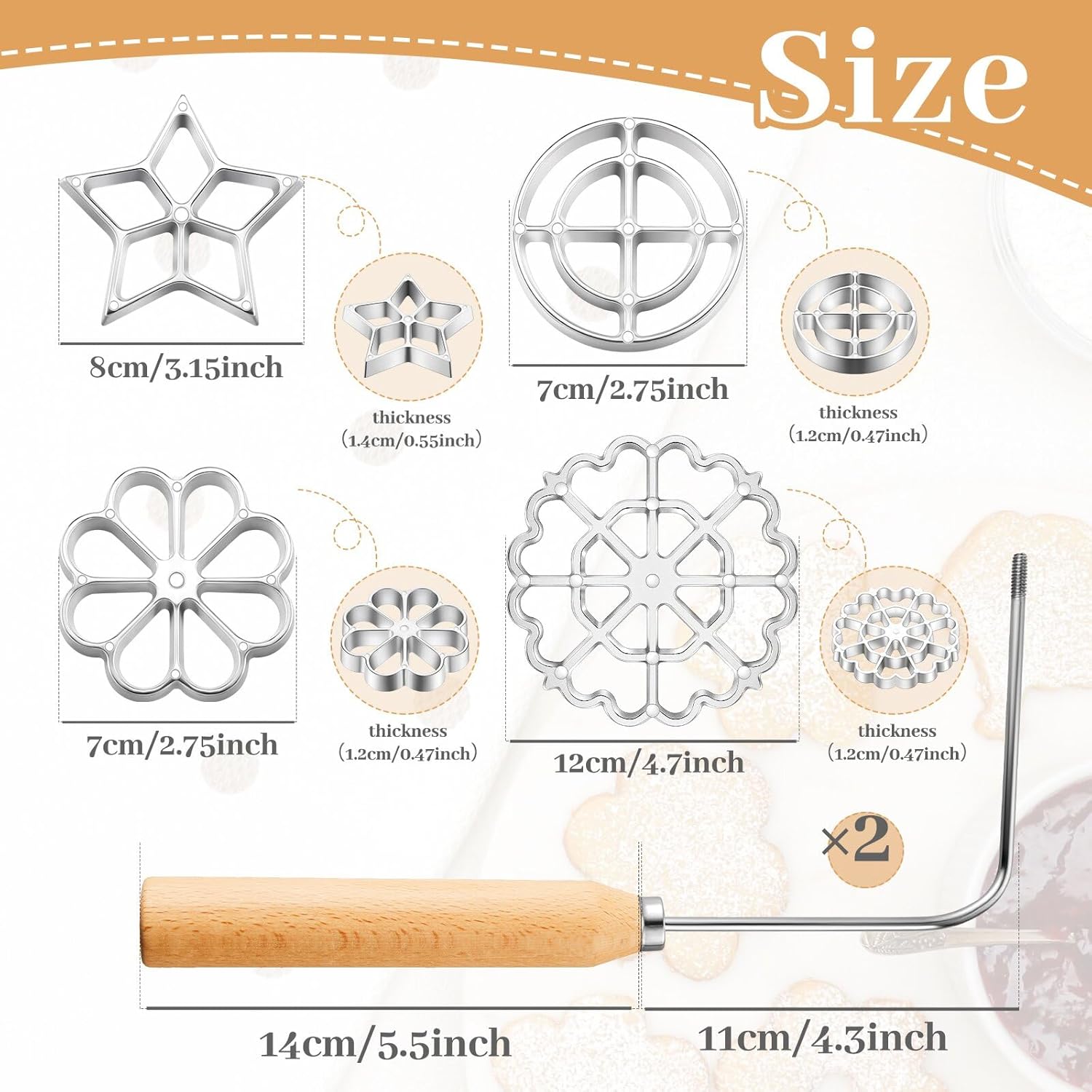 6 Pcs Rosette Iron Mold Set Bunuelos Mold with Handle Cooking Stamp Maker Kit Cookie Cutter Aluminum Alloy Waffle Maker with 3 Interchangeable Head Star Flower Circle(Wood) - Image 2