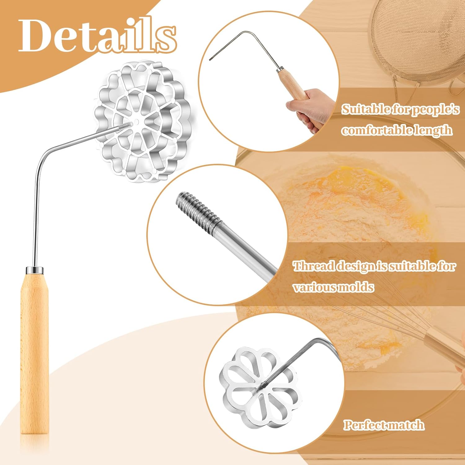 6 Pcs Rosette Iron Mold Set Bunuelos Mold with Handle Cooking Stamp Maker Kit Cookie Cutter Aluminum Alloy Waffle Maker with 3 Interchangeable Head Star Flower Circle(Wood) - Image 3
