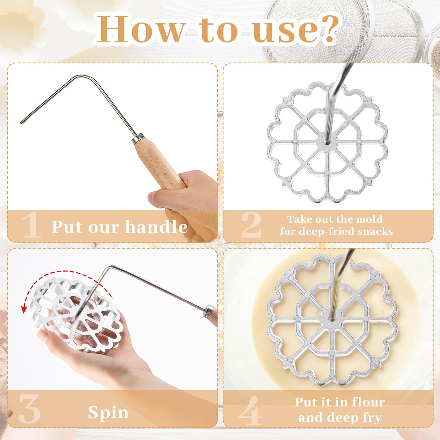 6 Pcs Rosette Iron Mold Set Bunuelos Mold with Handle Cooking Stamp Maker Kit Cookie Cutter Aluminum Alloy Waffle Maker with 3 Interchangeable Head Star Flower Circle(Wood) - Image 4