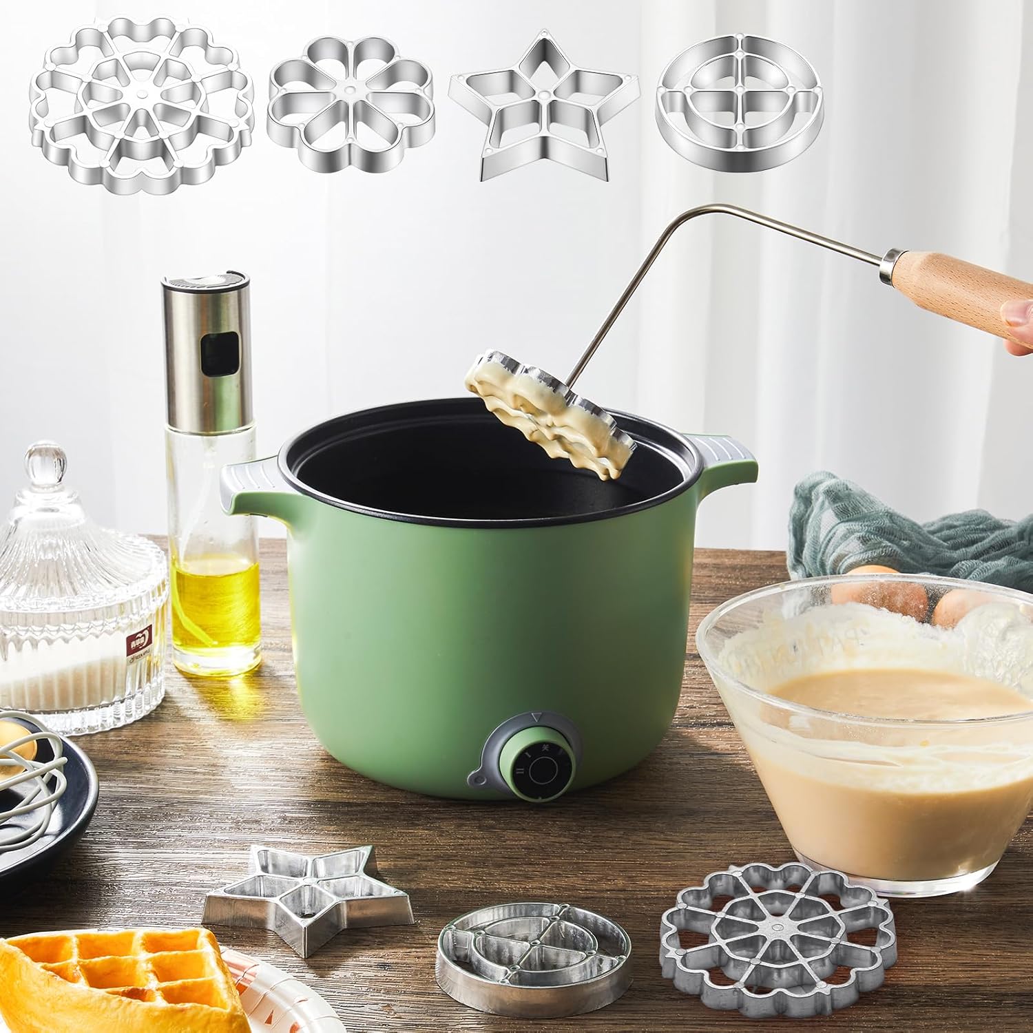 6 Pcs Rosette Iron Mold Set Bunuelos Mold with Handle Cooking Stamp Maker Kit Cookie Cutter Aluminum Alloy Waffle Maker with 3 Interchangeable Head Star Flower Circle(Wood) - Image 5