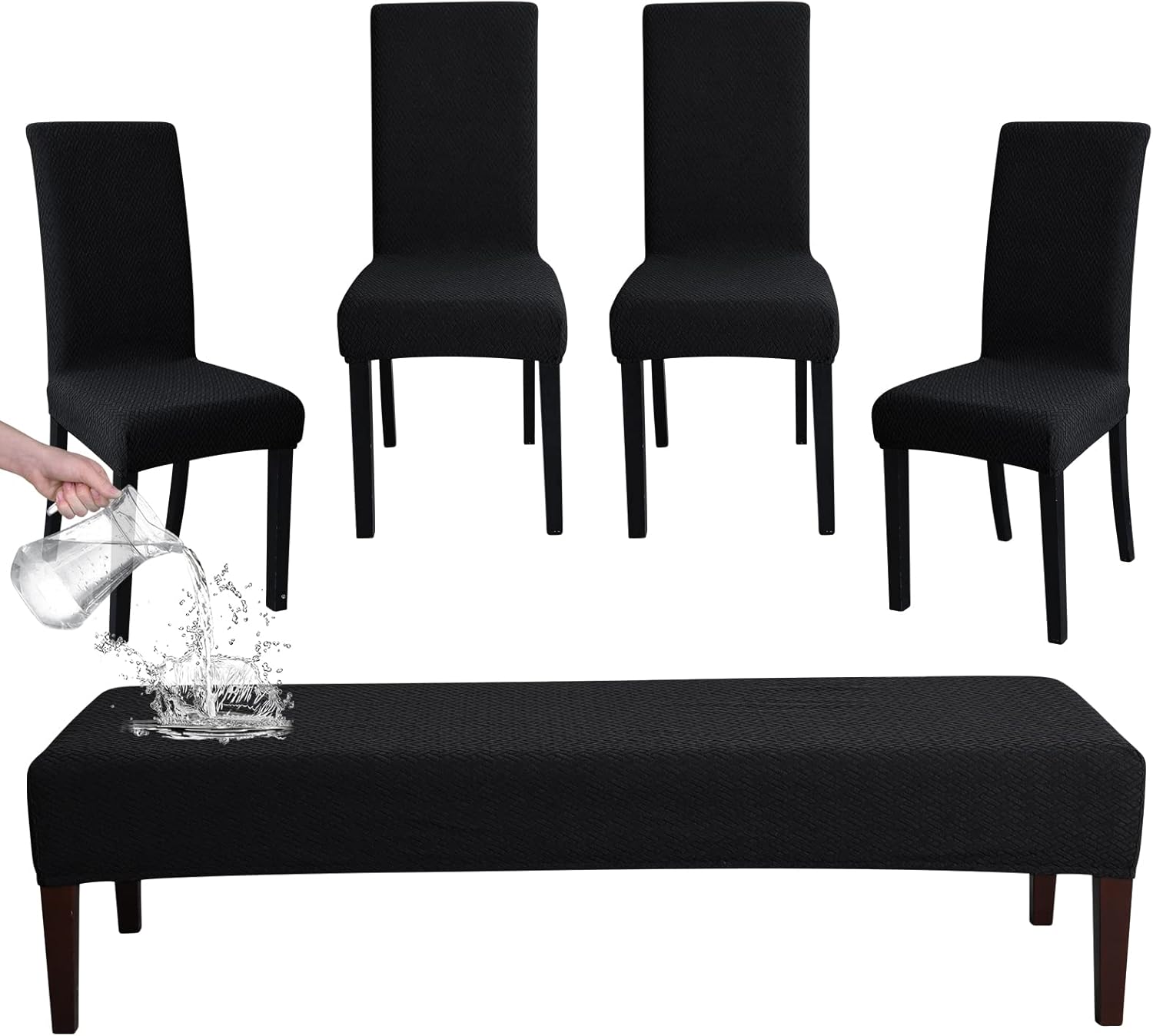 FORCHEER Dining Chair Covers and Bench Covers Set Waterproof Black Jacquard 4 Dining Room Chair and Bench Slipcover Washable - Image 1