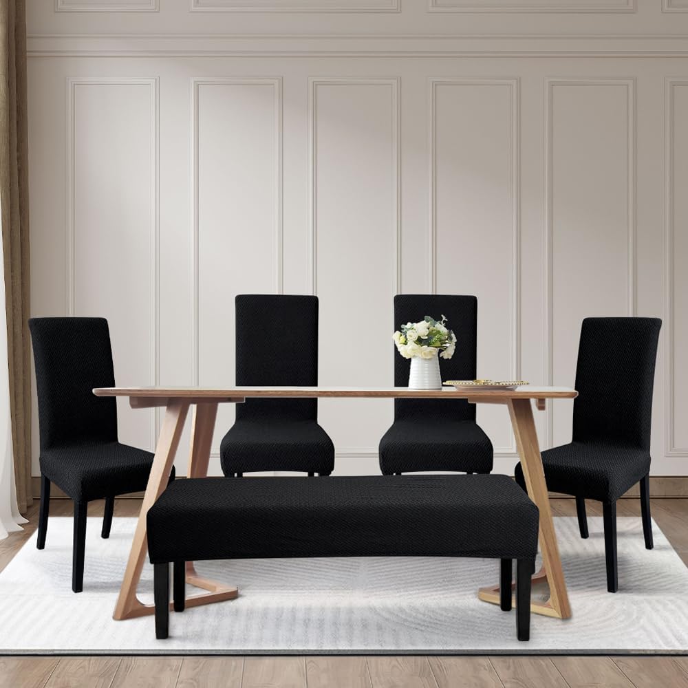 FORCHEER Dining Chair Covers and Bench Covers Set Waterproof Black Jacquard 4 Dining Room Chair and Bench Slipcover Washable - Image 2