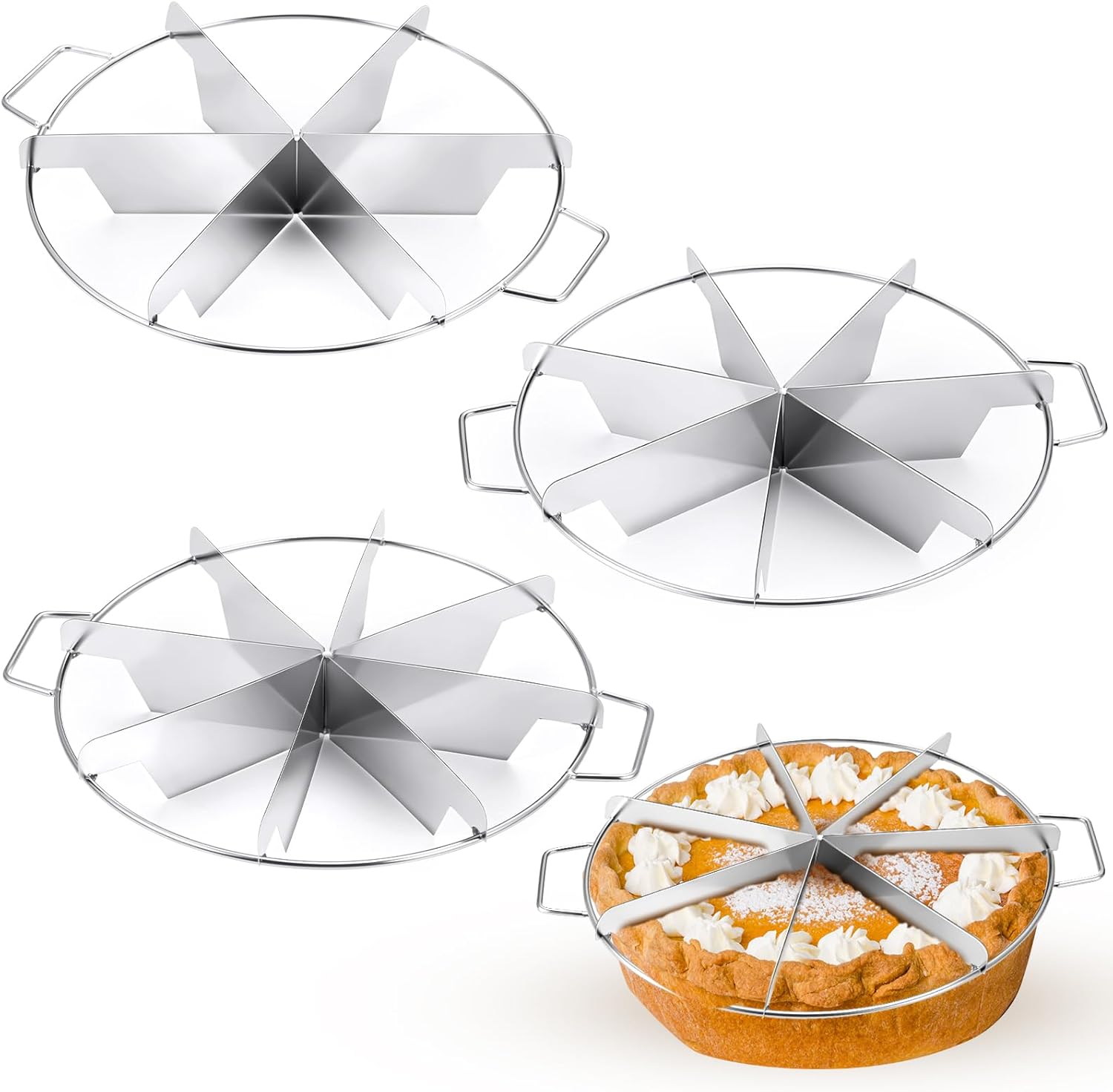 3 Pieces 8-cut, 7-cut and 6-cut Pie Cutter 10.6 Inches Diameter Stainless Steel Pie Slicer Rust Proof Cake Divider with Side Handle Pie Cutter Press for Commercial Home - Image 1