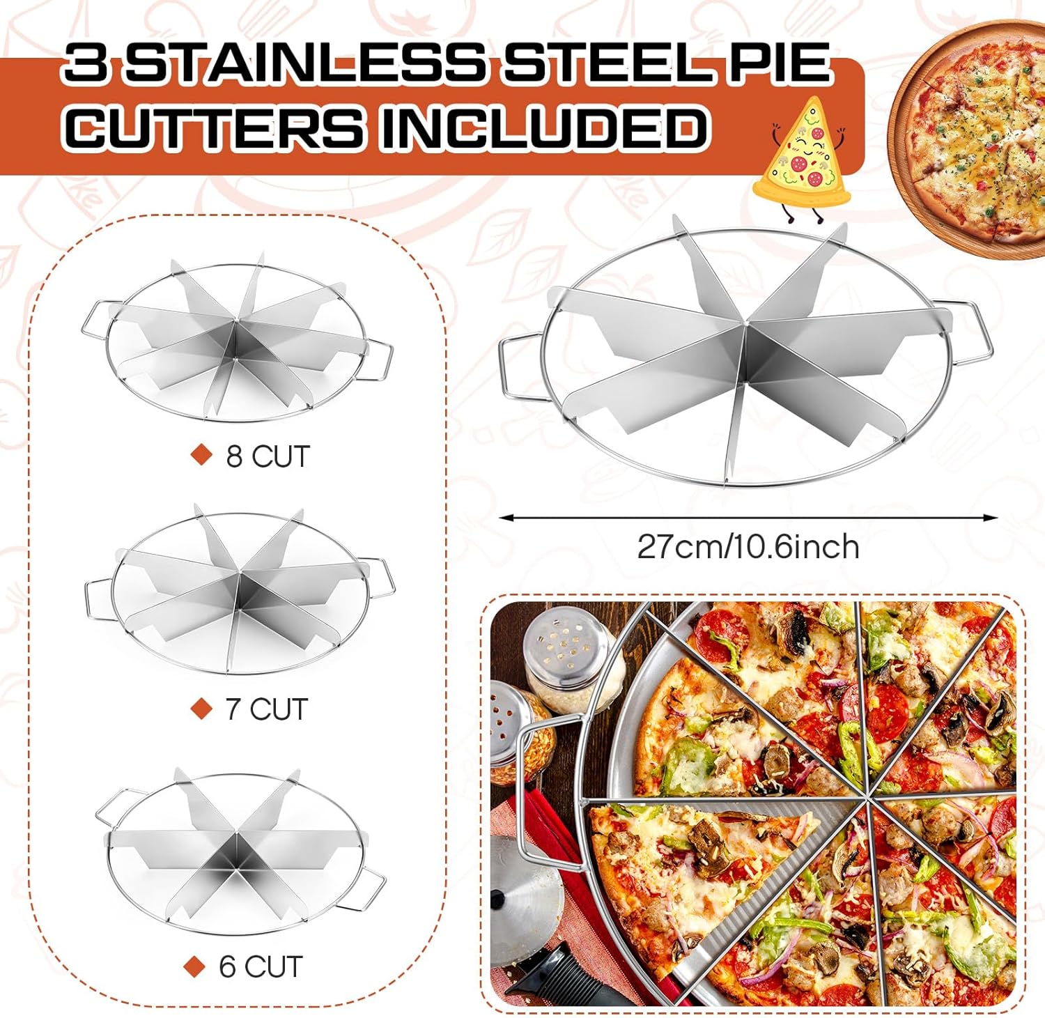 3 Pieces 8-cut, 7-cut and 6-cut Pie Cutter 10.6 Inches Diameter Stainless Steel Pie Slicer Rust Proof Cake Divider with Side Handle Pie Cutter Press for Commercial Home - Image 2