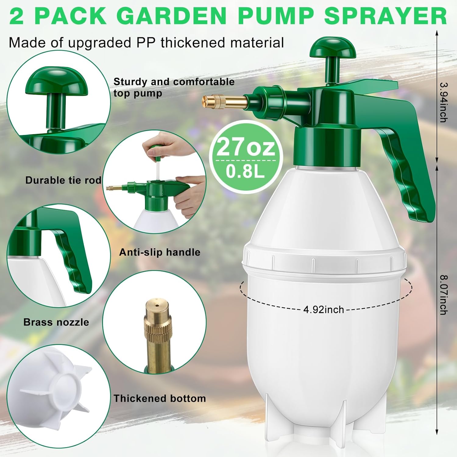 2 Pcs 27 oz Handheld Pump Spray Bottle Garden Mister Spray Bottles Lawn Pressure Hand Pump Sprayer with Adjustable Nozzle for Chemicals Watering Weeds Plants and Cleaning (Green) - Image 2