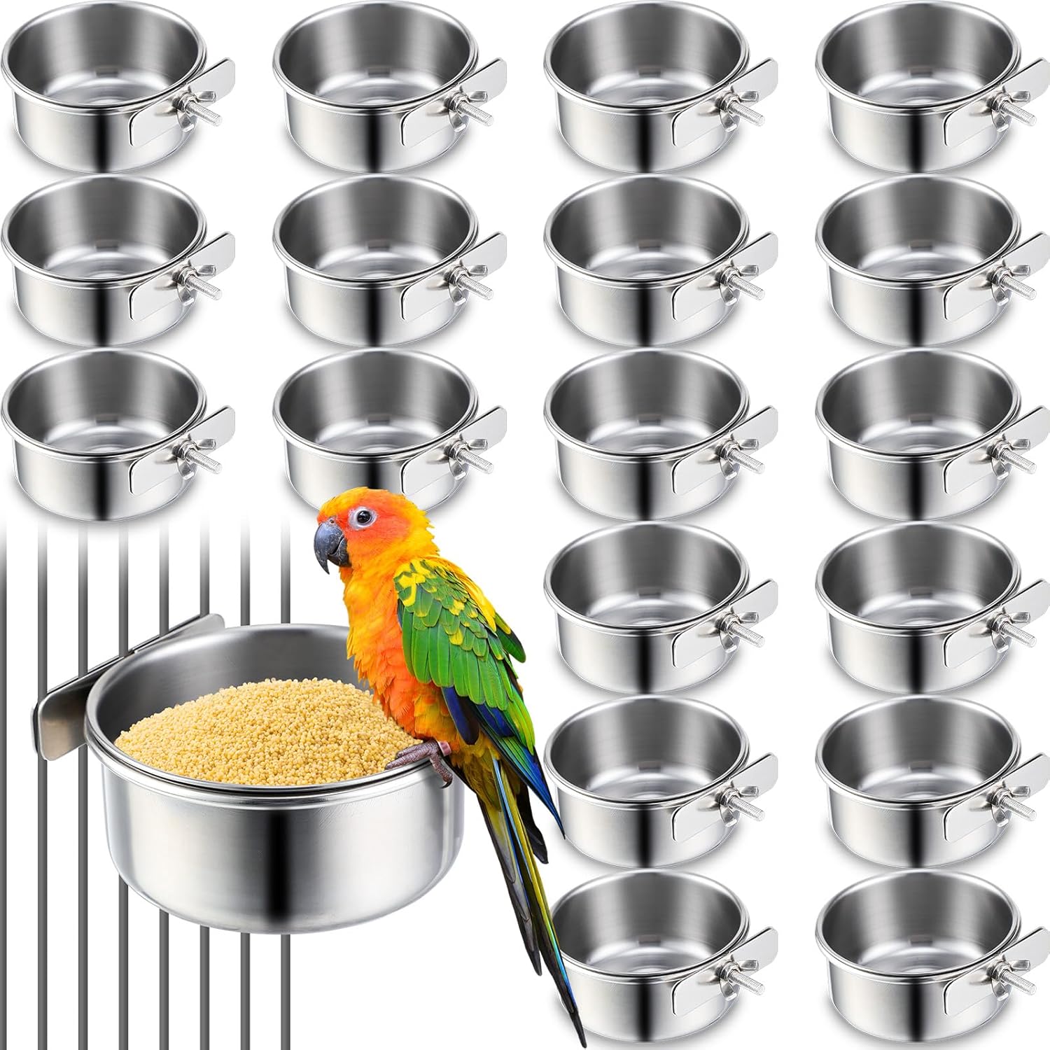 24 Pcs Stainless Steel Parrot Food Bowls Bulk 10 oz Bird Feeding Dish Cups for Cages Bird Bowls with Clamp Pet Water Feeders Cage Accessories for Parakeet Parrot Budgie Rabbit Chicken - Image 1