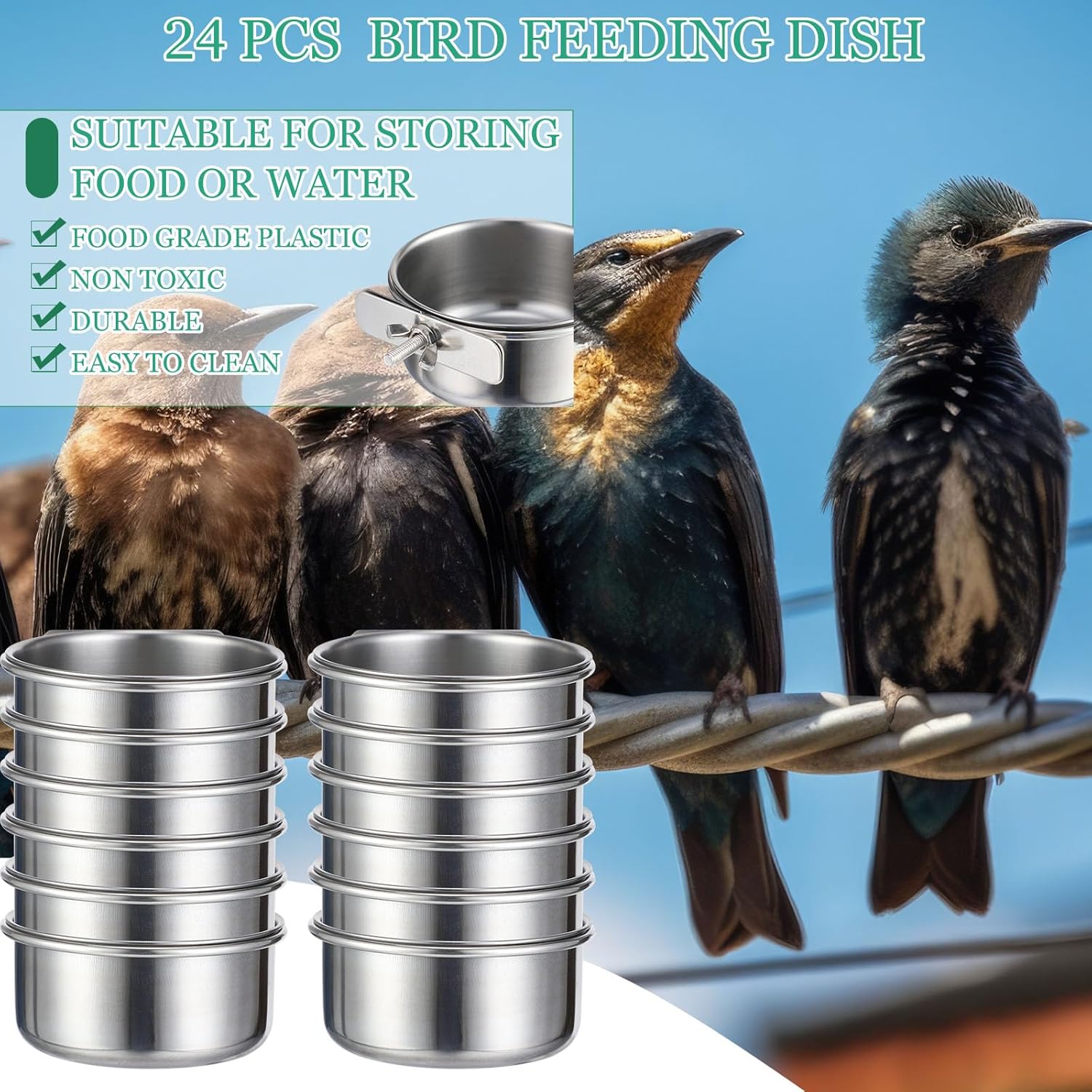 24 Pcs Stainless Steel Parrot Food Bowls Bulk 10 oz Bird Feeding Dish Cups for Cages Bird Bowls with Clamp Pet Water Feeders Cage Accessories for Parakeet Parrot Budgie Rabbit Chicken - Image 2