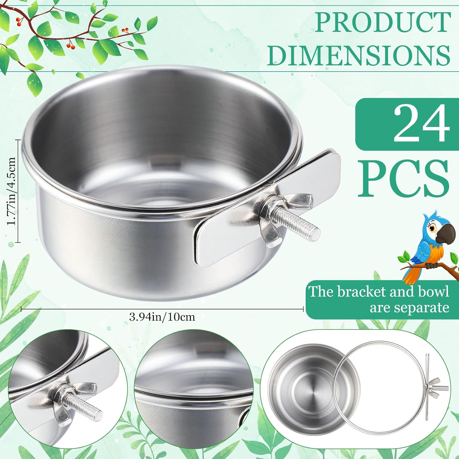 24 Pcs Stainless Steel Parrot Food Bowls Bulk 10 oz Bird Feeding Dish Cups for Cages Bird Bowls with Clamp Pet Water Feeders Cage Accessories for Parakeet Parrot Budgie Rabbit Chicken - Image 3