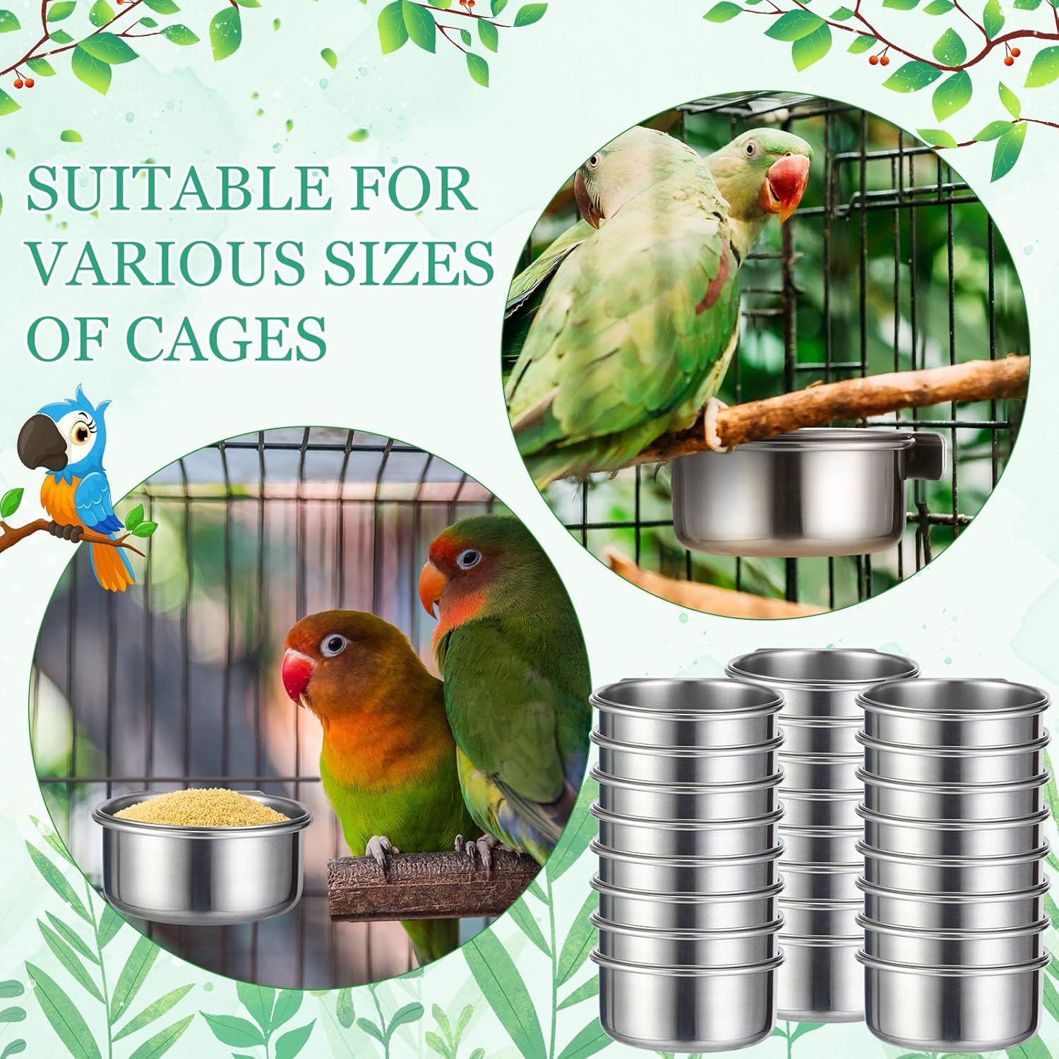 24 Pcs Stainless Steel Parrot Food Bowls Bulk 10 oz Bird Feeding Dish Cups for Cages Bird Bowls with Clamp Pet Water Feeders Cage Accessories for Parakeet Parrot Budgie Rabbit Chicken - Image 5