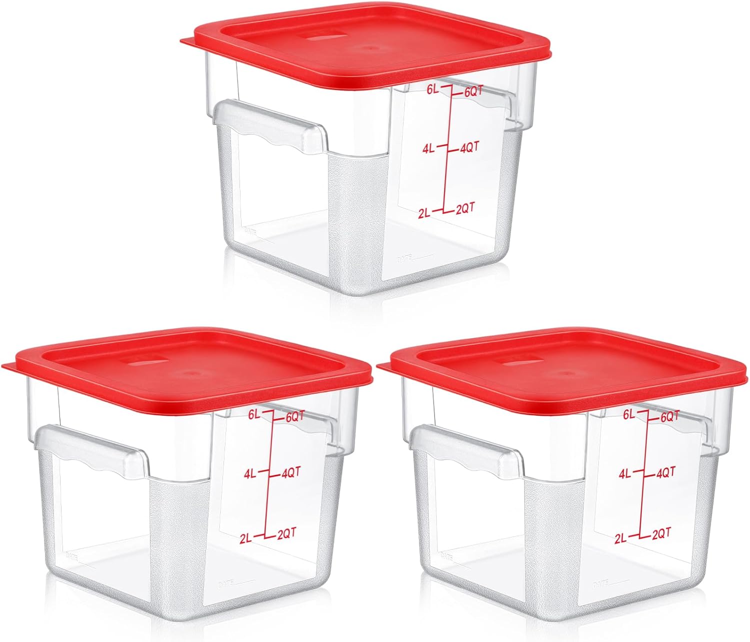 3 Sets 6 Qt Square Food Storage Containers with Lids Dough Proofing Bucket Commercial Polycarbonate Containers with Scale Clear Airtight Cereal for Pantry Home Restaurant (Red) - Image 1