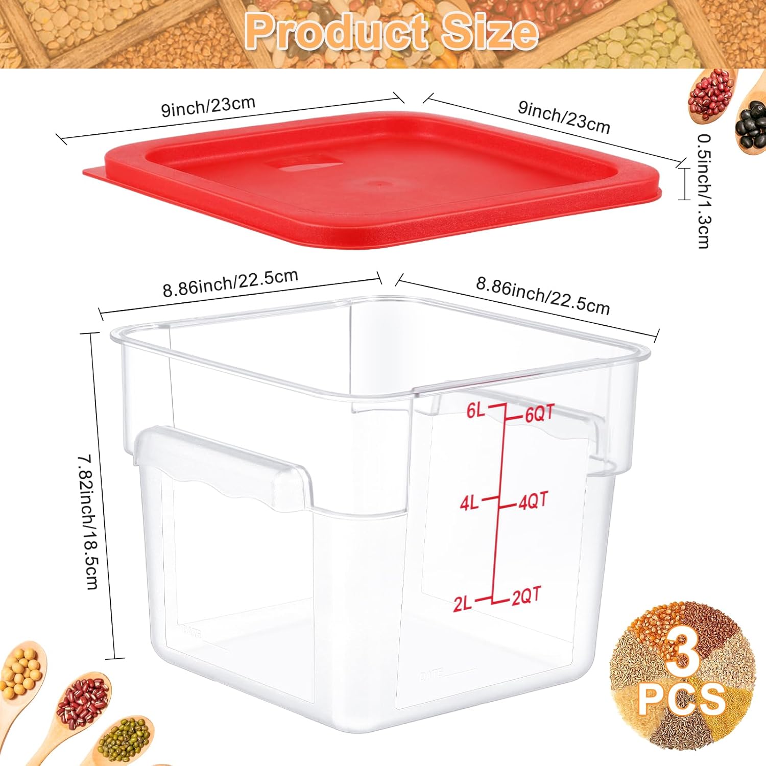 3 Sets 6 Qt Square Food Storage Containers with Lids Dough Proofing Bucket Commercial Polycarbonate Containers with Scale Clear Airtight Cereal for Pantry Home Restaurant (Red) - Image 2