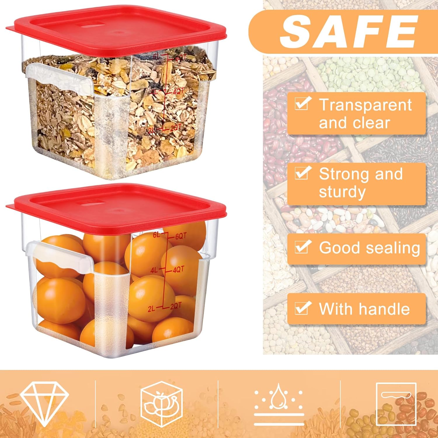 3 Sets 6 Qt Square Food Storage Containers with Lids Dough Proofing Bucket Commercial Polycarbonate Containers with Scale Clear Airtight Cereal for Pantry Home Restaurant (Red) - Image 3