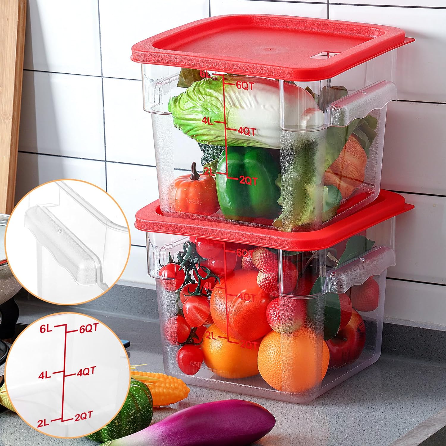 3 Sets 6 Qt Square Food Storage Containers with Lids Dough Proofing Bucket Commercial Polycarbonate Containers with Scale Clear Airtight Cereal for Pantry Home Restaurant (Red) - Image 4