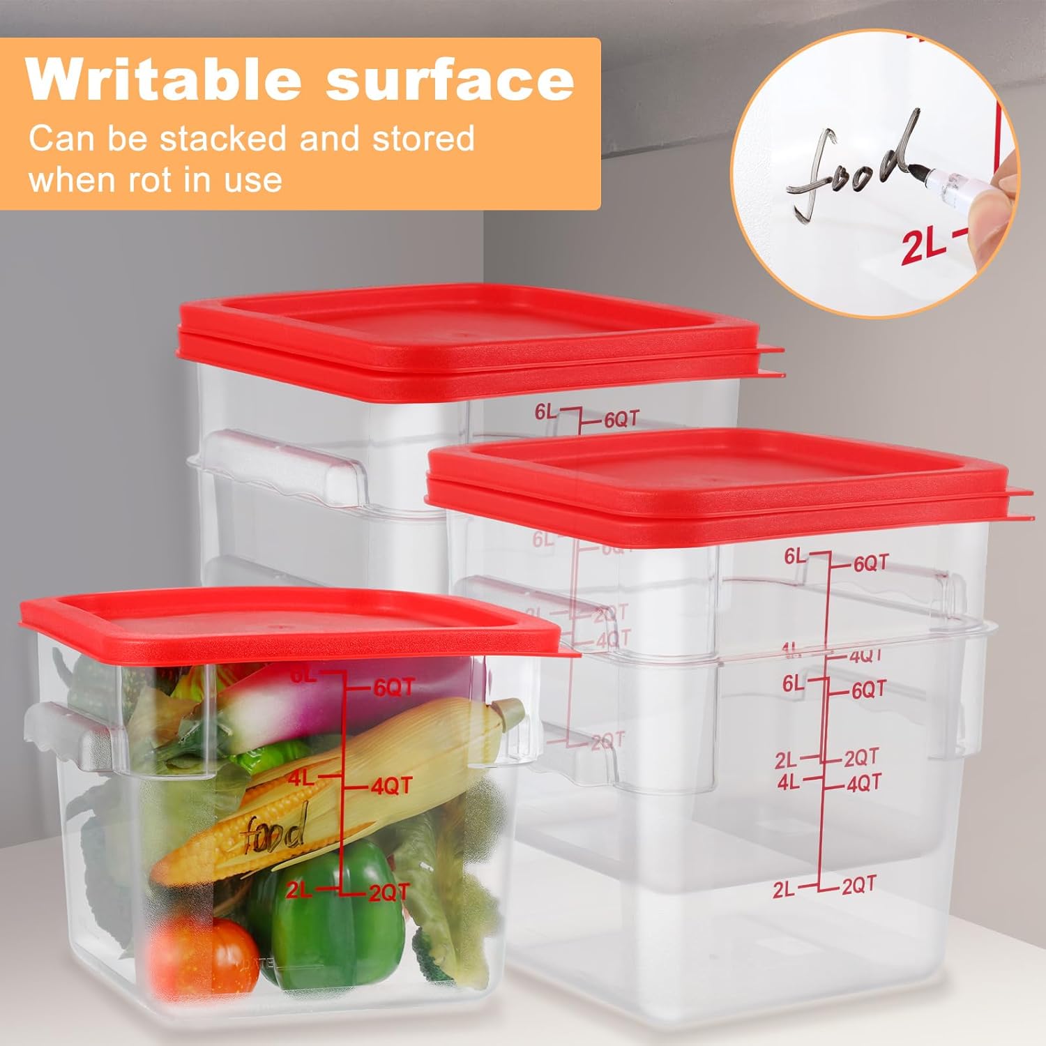 3 Sets 6 Qt Square Food Storage Containers with Lids Dough Proofing Bucket Commercial Polycarbonate Containers with Scale Clear Airtight Cereal for Pantry Home Restaurant (Red) - Image 5