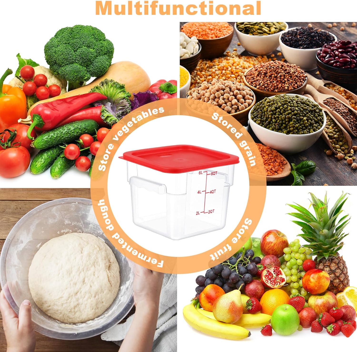 3 Sets 6 Qt Square Food Storage Containers with Lids Dough Proofing Bucket Commercial Polycarbonate Containers with Scale Clear Airtight Cereal for Pantry Home Restaurant (Red) - Image 6