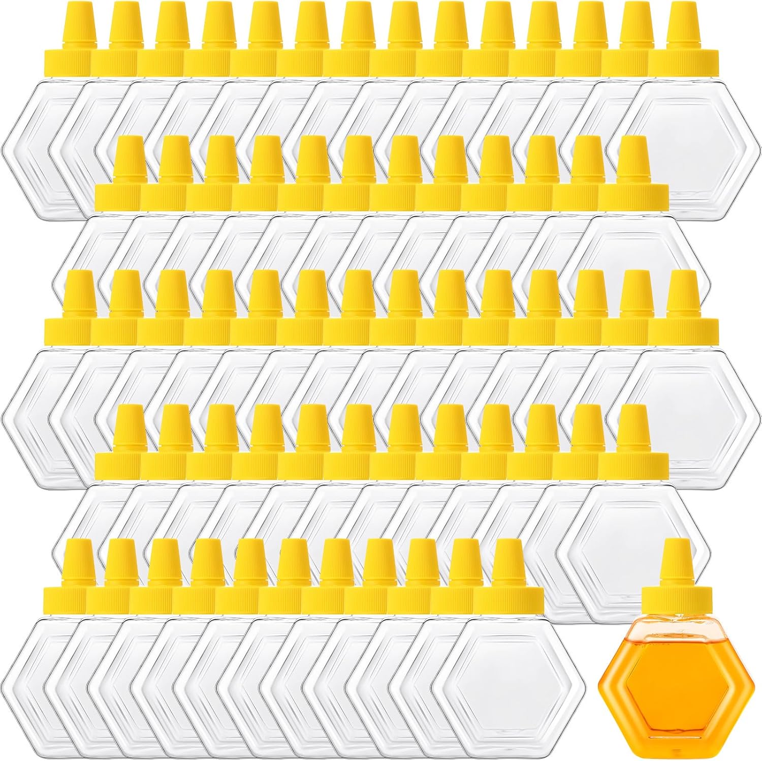 64 Pcs 7 oz Honey Squeeze Bottle Plastic Empty Beehive Bottle Jar with Spout Lid Clear Refillable Honey Containers for Condiment Storing and Dispensing Dispenser (Hexagon) - Image 1