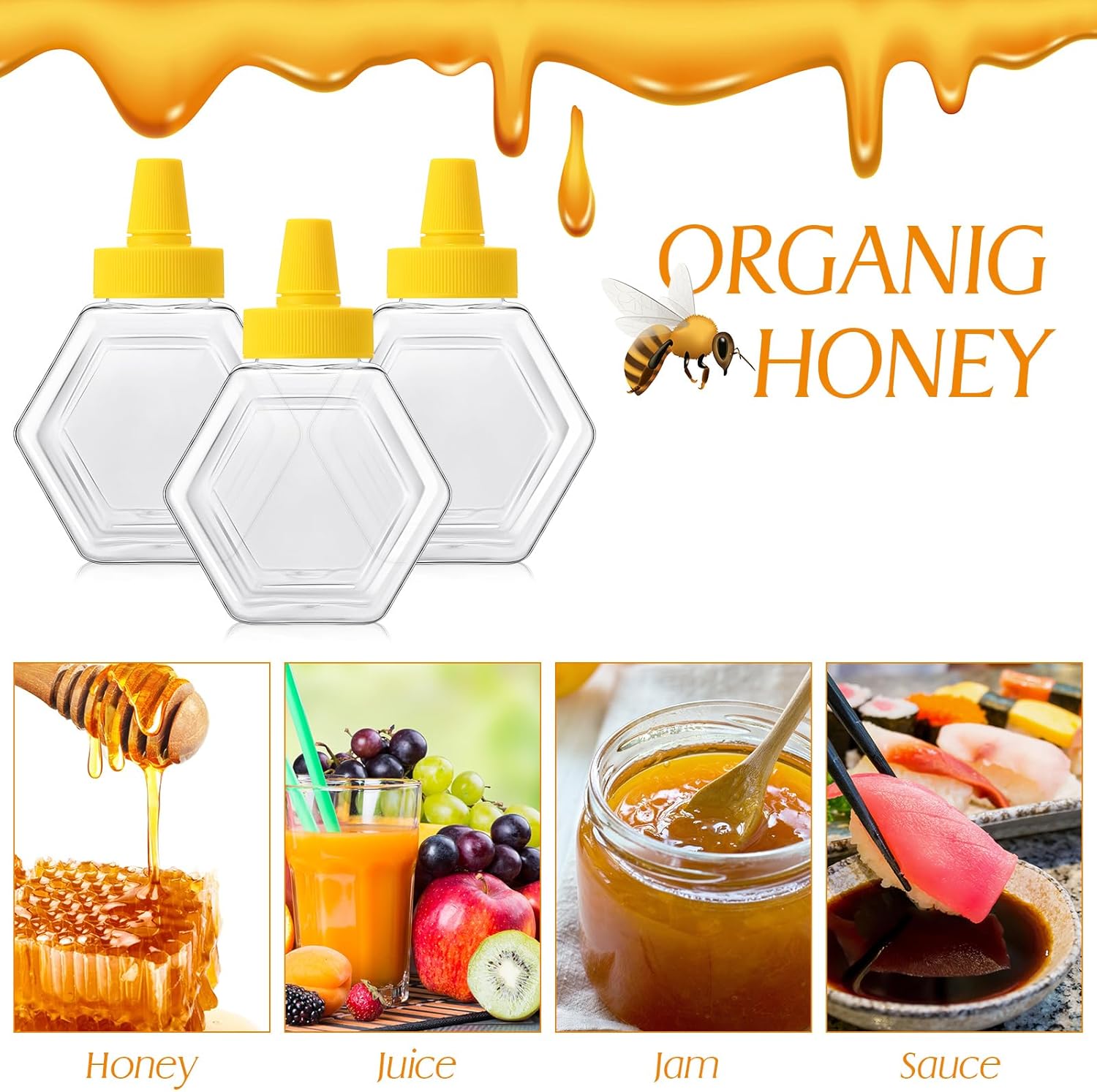 64 Pcs 7 oz Honey Squeeze Bottle Plastic Empty Beehive Bottle Jar with Spout Lid Clear Refillable Honey Containers for Condiment Storing and Dispensing Dispenser (Hexagon) - Image 4