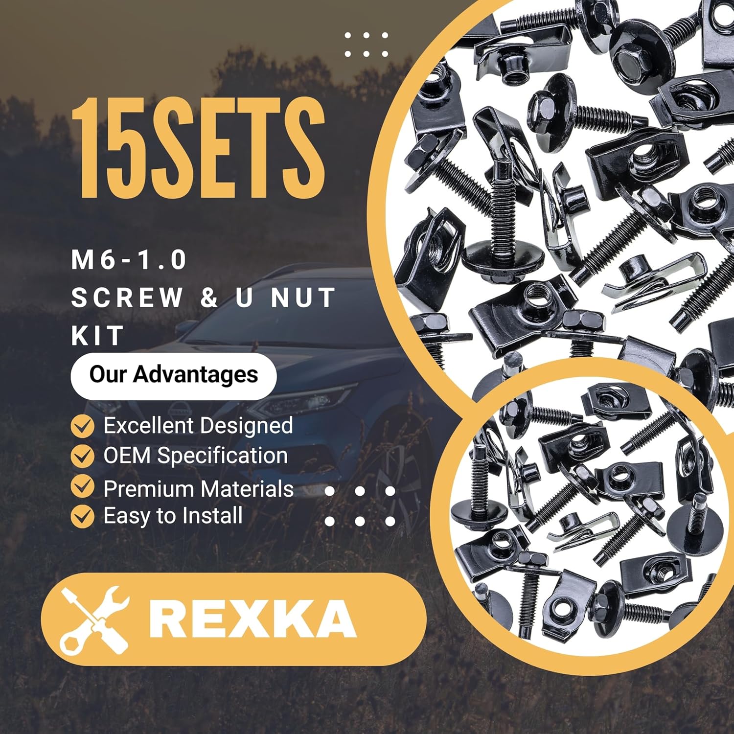 Rexka 15 Sets M6-1.0 Extruded U Nuts & Hex Head SEMS Body Bolts Kits for GM Ford Chevy Chrysler Jeep Dodge - Multipurpose - Bumper Fender Splash Shield Under Cover Hood Engine - Image 2