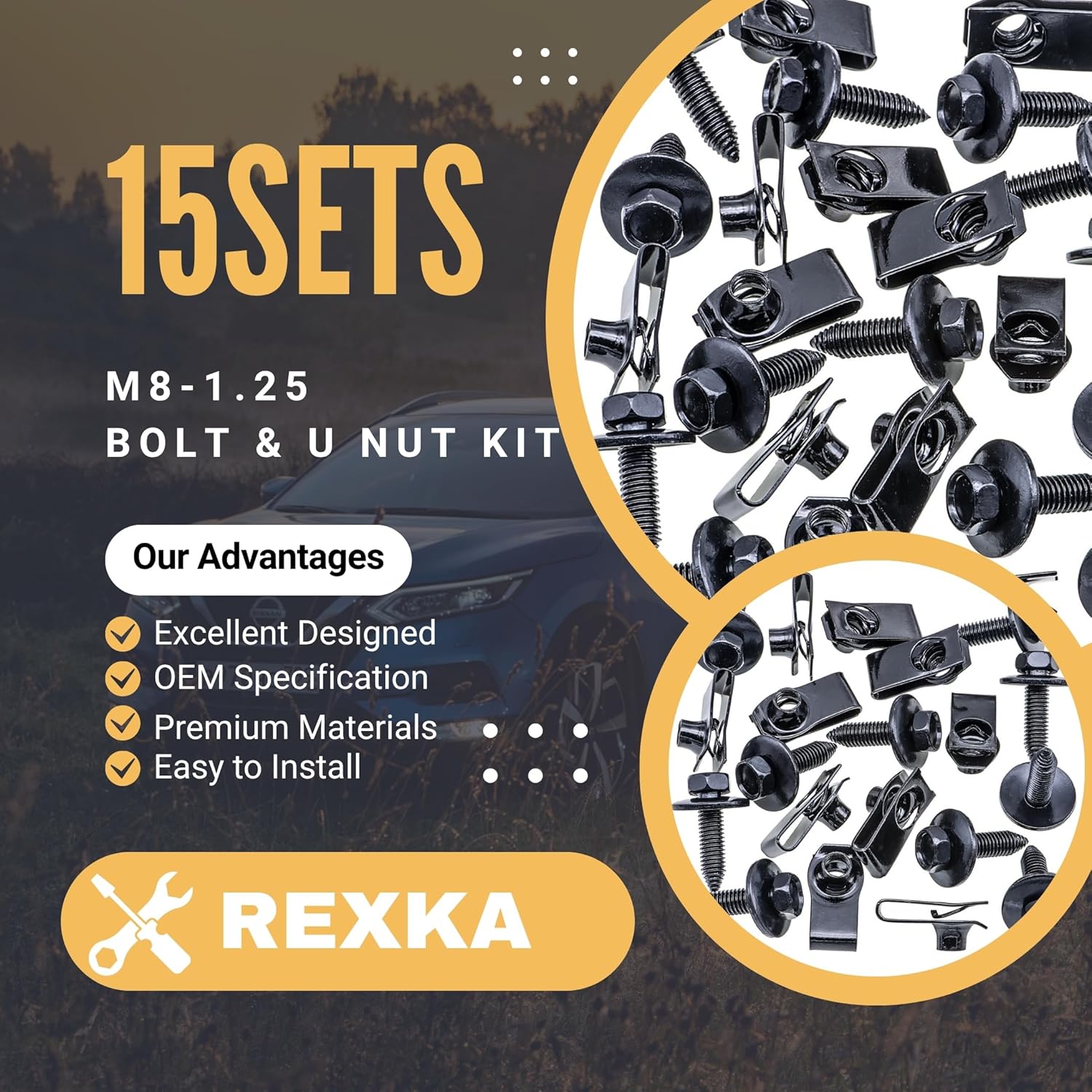 Rexka 15 Sets M8-1.25 Extruded U Nut & Body Bolts Screw Kits for GM Ford Chevy Buick GMC Cadilac Hummer Oldsmobile Pontiac Saturn Cars Trucks - Image 2