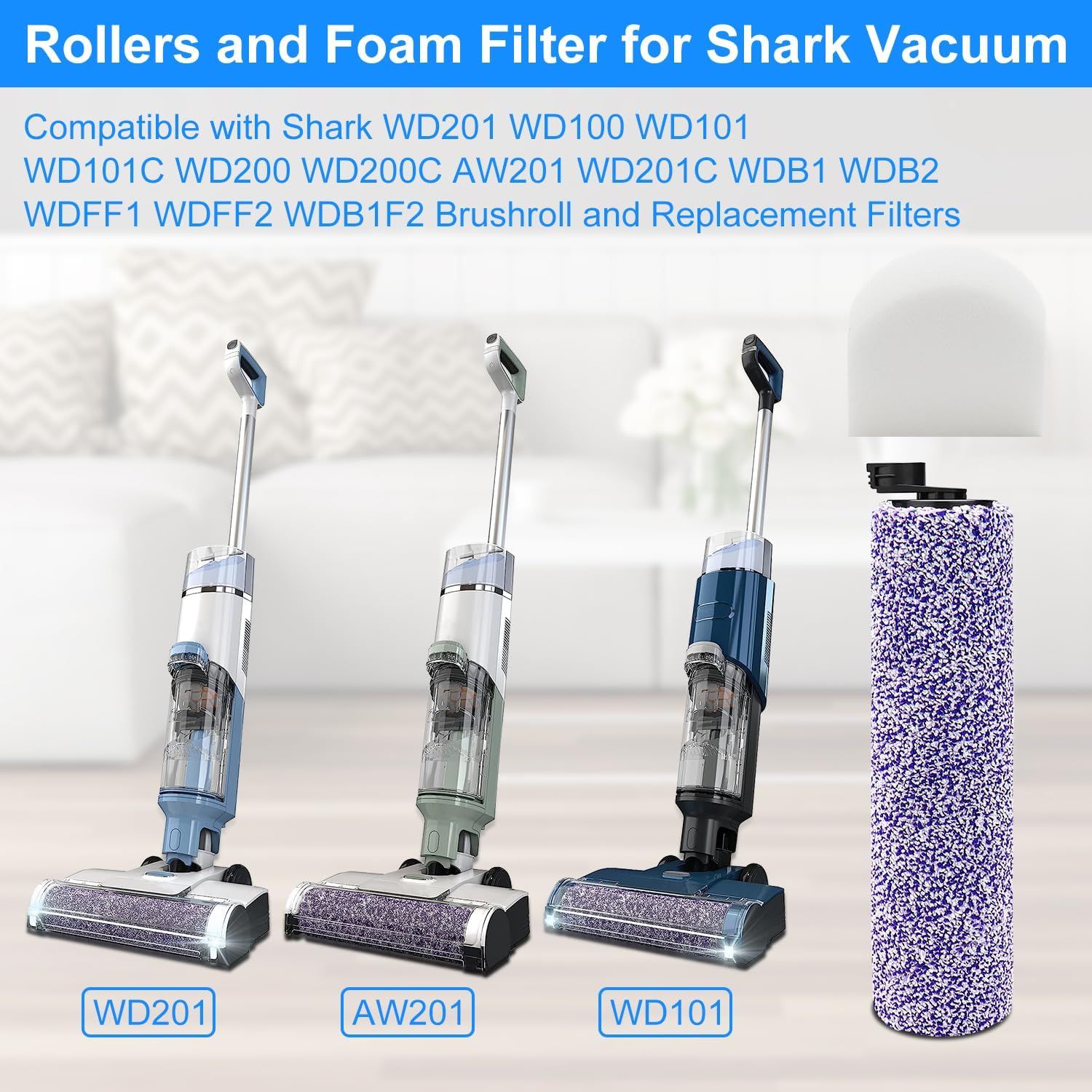 8 Pack Brush Roller and ilter Replacement or Shark WD201 Vacuum - Washable oam ilters or WD100, WD101, WD101C, WD200, WD200C, WD201, WD201C - HydroVac Pro XL 3-in-1 Vacuum - Image 5