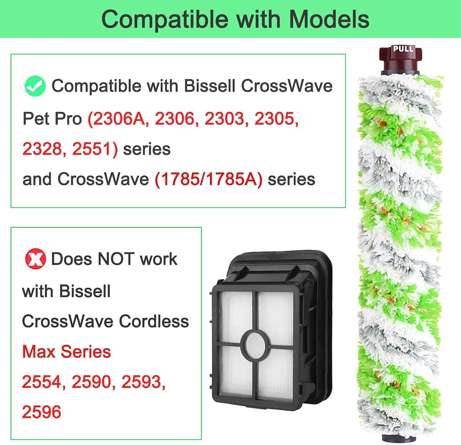 6 Pack Replacement Parts or bissell CrossWave Pet Pro 2306A & CrossWave 1785 Series 3888A Vacuum Cleaner, 3 Pack 2460 Brush Rolls,3 Pack 1866 ilters,Compare to Part 1613568&161-3568,1608684 - Image 3