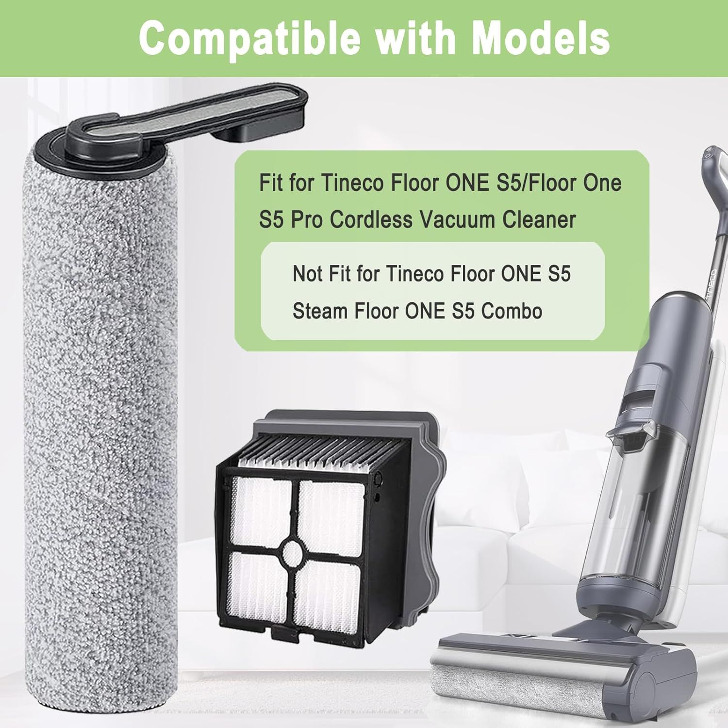Brush and ilters Replacement Parts Accessories Compatible or Tineco loor ONE S5/loor One S5 Pro Cordless Vacuum Cleaner, 4 Roller Brushes, 4 ilters - Image 3