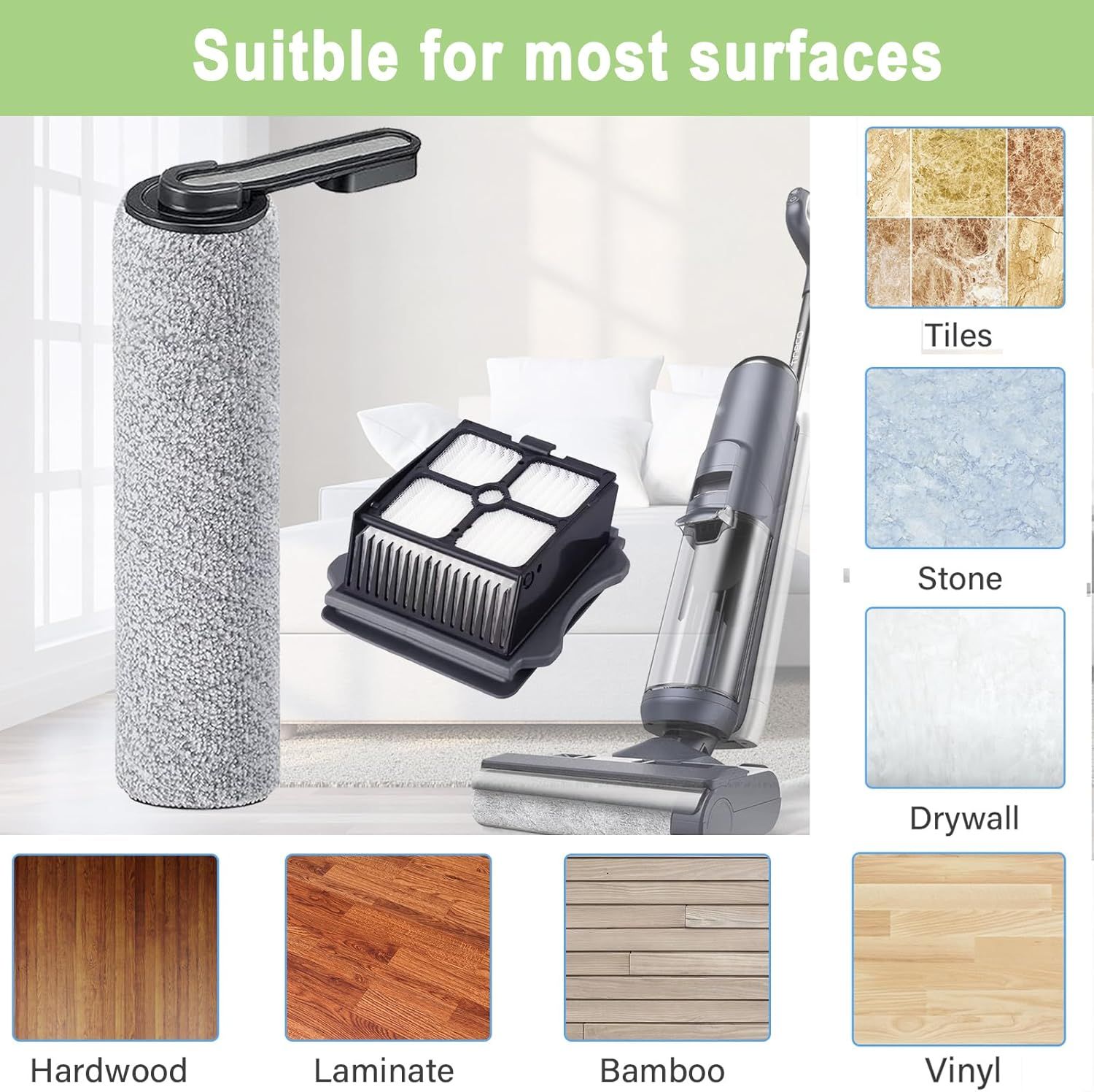 Brush and ilters Replacement Parts Accessories Compatible or Tineco loor ONE S5/loor One S5 Pro Cordless Vacuum Cleaner, 4 Roller Brushes, 4 ilters - Image 6