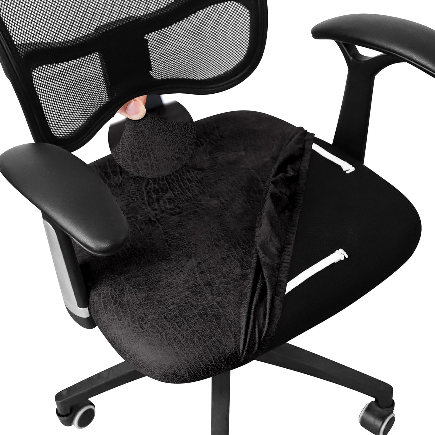 Leather Look Office Chair Seat Covers Set of 2 Black 20inch Square Stretch Seat Slipcovers for Dining Chair Cushions Removable Washable - Image 1