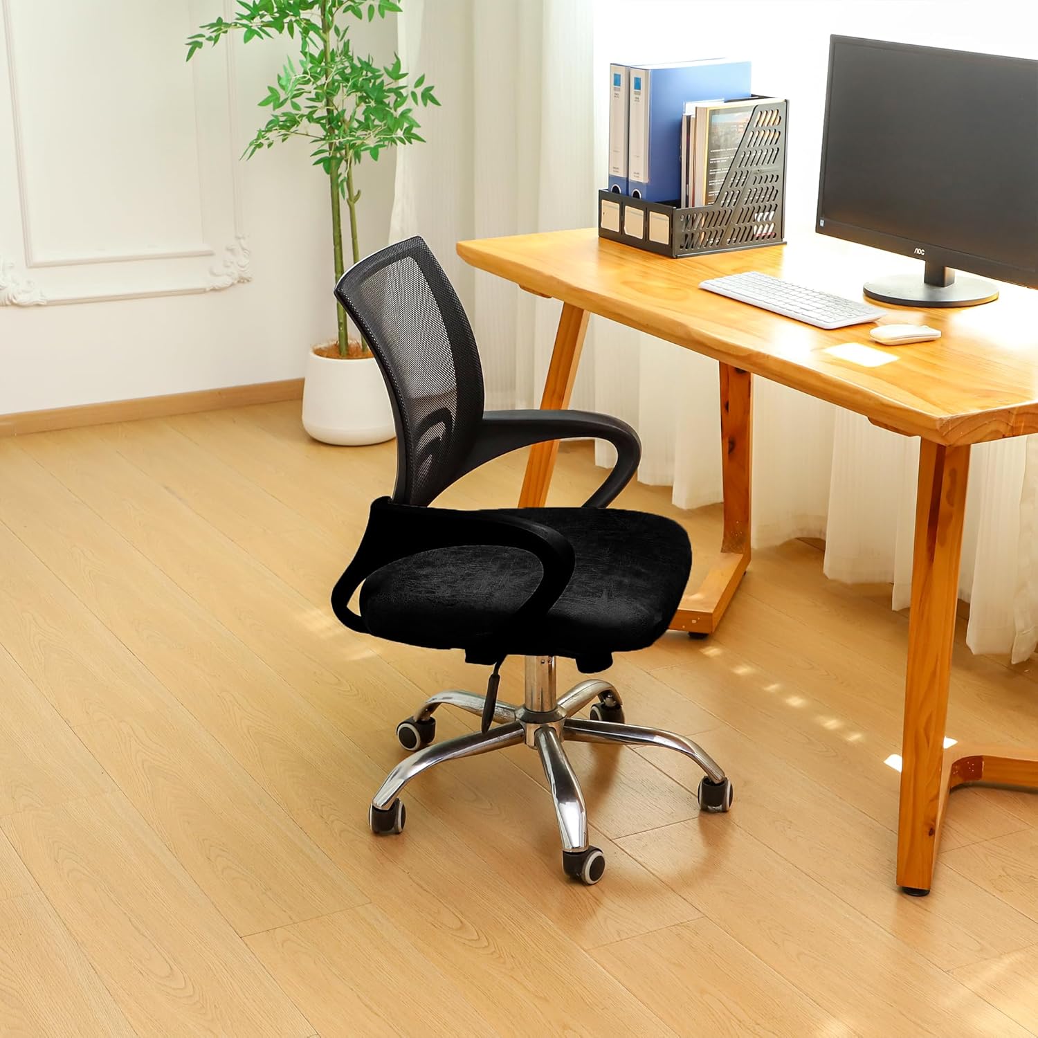 Leather Look Office Chair Seat Covers Set of 2 Black 20inch Square Stretch Seat Slipcovers for Dining Chair Cushions Removable Washable - Image 2