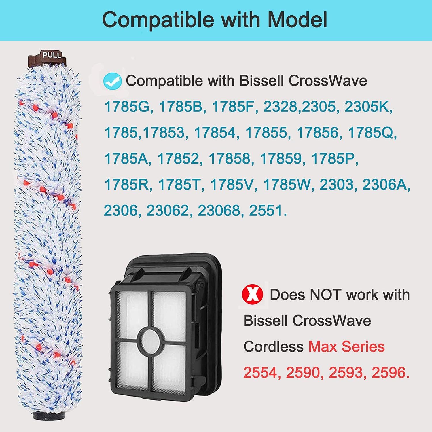6 Pack Replacement Parts Compatible with Bissell CrossWave Vacuum Cleaner, 3 Pack Multi-Surace Brush Roll 1868 ,3 Pack Vacuum ilter 1866,Compare to Part 1608683, 160-8683, 1608684 - Image 3