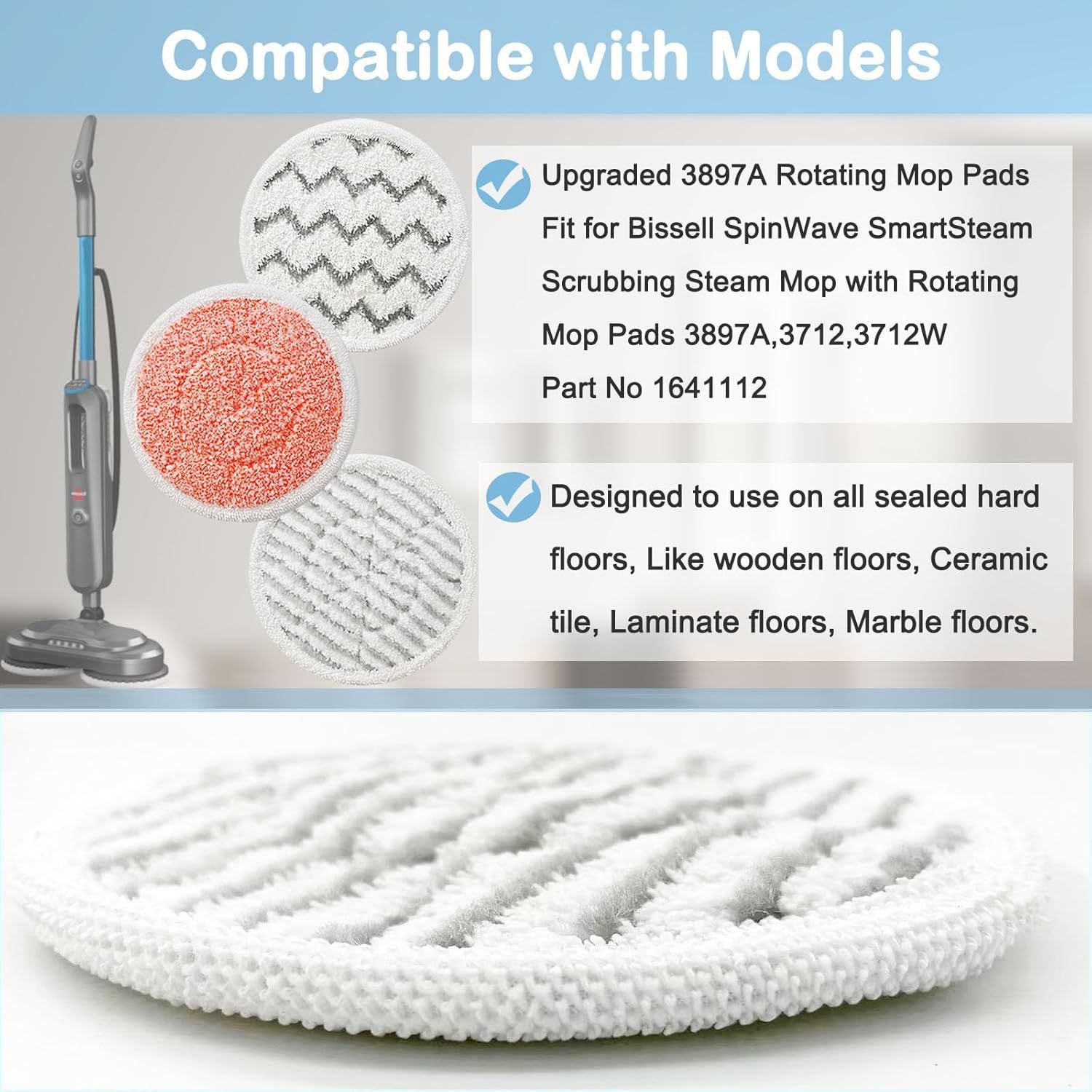 8 Pack Upgraded 3897A Rotating Mop Pads Replacement Steam Mop Pads or Bissell SpinWave SmartSteam Scrubbing Steam Mop 3897A,3712,3712W Steam Rotating Mop Pads,Part No 1641112 - Image 3