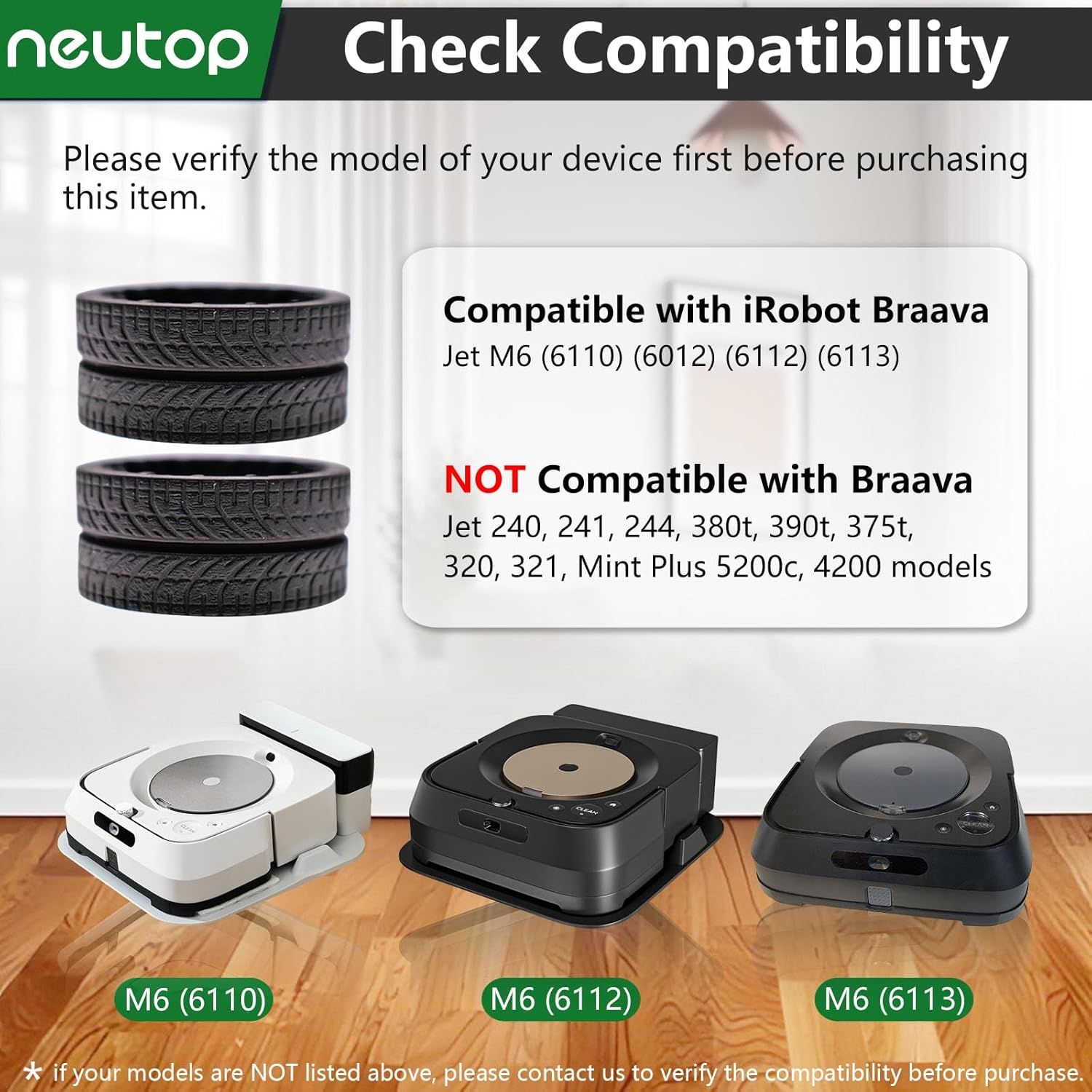 Replacement Rubber Wheel Tires Compatible with iRobot Braava Jet M6 (6110) (6012) (6112) (6113), Anti-slip, Great Adhesion and Easy Assembly, 4-Pack. - Image 2