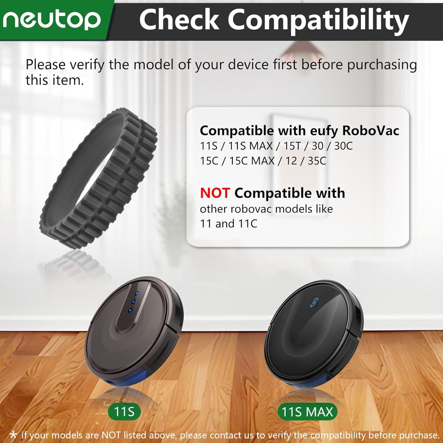 Replacement Rubber Wheel Tires Compatible with euy RoboVac 11S, 11S MAX, 15T, 30, 30C, 15C, 15C MAX, 12, 35C Models, Anti-slip, Great Adhesion and Easy Assembly, 4-Pack. - Image 2
