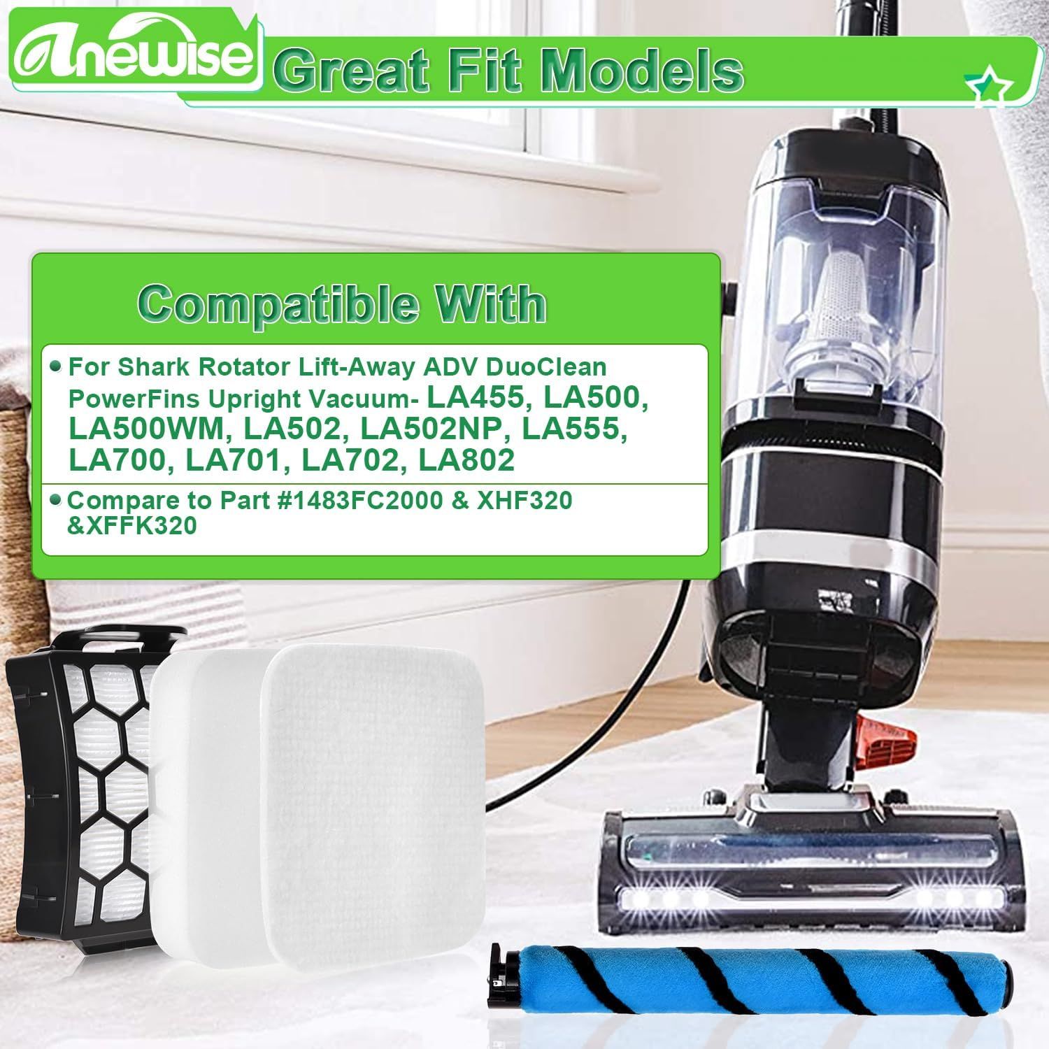 ilter Brush or Shark Rotator Lit-Away DuoClean LA702 LA802 LA502 LA502NP LA500 LA500WM LA455 LA700 LA555 LA701 Upright Vacuum, 1 Brush, 2+4 ilters, Part #1483C2000, XH320, XK320 - Image 3