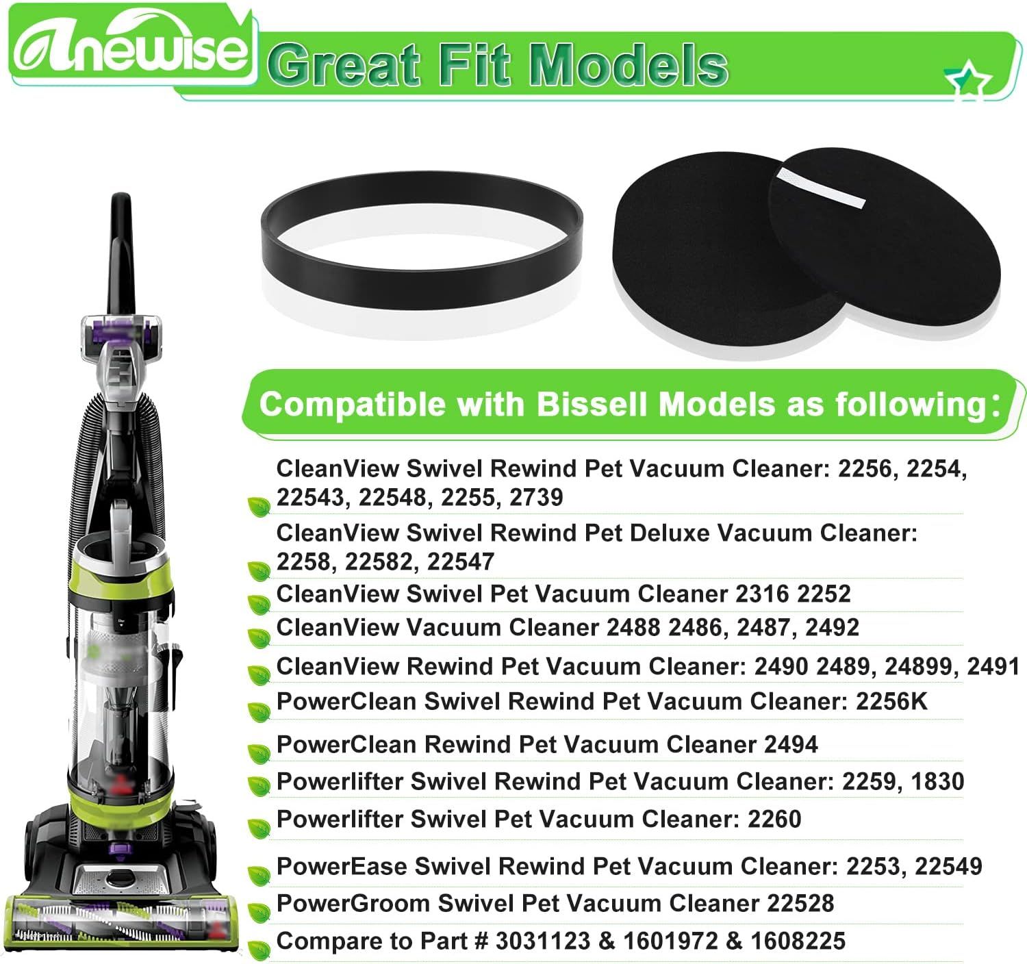 ilter and Belt Replacement or Bissell 2258 2492 2252 2254 2489 2486 2260 or Cleanview Powerliter Swivel Rewind Pet Vacuum Cleaner, 2+4 Pack, Compare to Part #3031120, 1608225 & 1601972 - Image 3