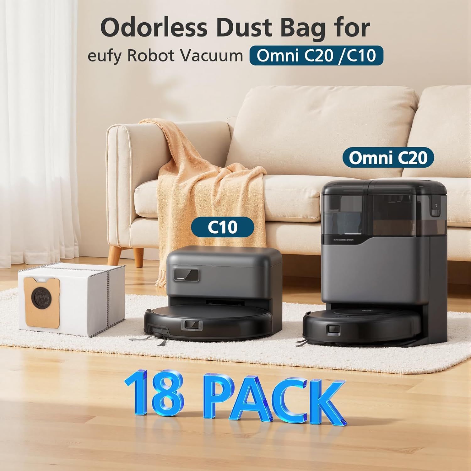 18 pcs Dust Bags or euy Omni C20 C10 Robot Vacuum, 3.6L Large Capacity Replacement Bags with 3-Layer Odorproo & Leakproo abric - Image 3
