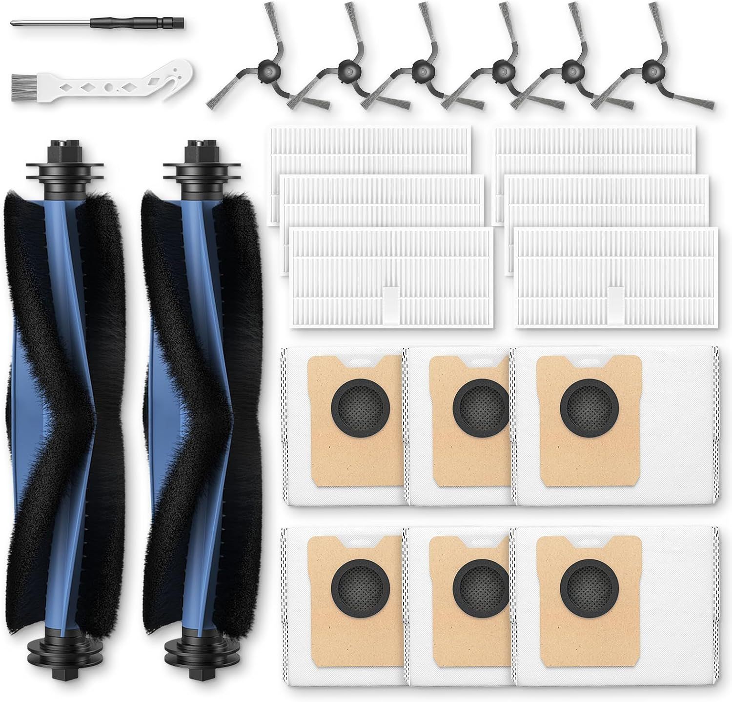 C10 Accessories or euy C10 Robot Vacuum, 22 Pack Replacement Parts Include: 2* Main Rolling Brush, 6* Washable ilter, 6* Side Brush, 6* Dust Bag, 2* Cleaning Tool - Image 1