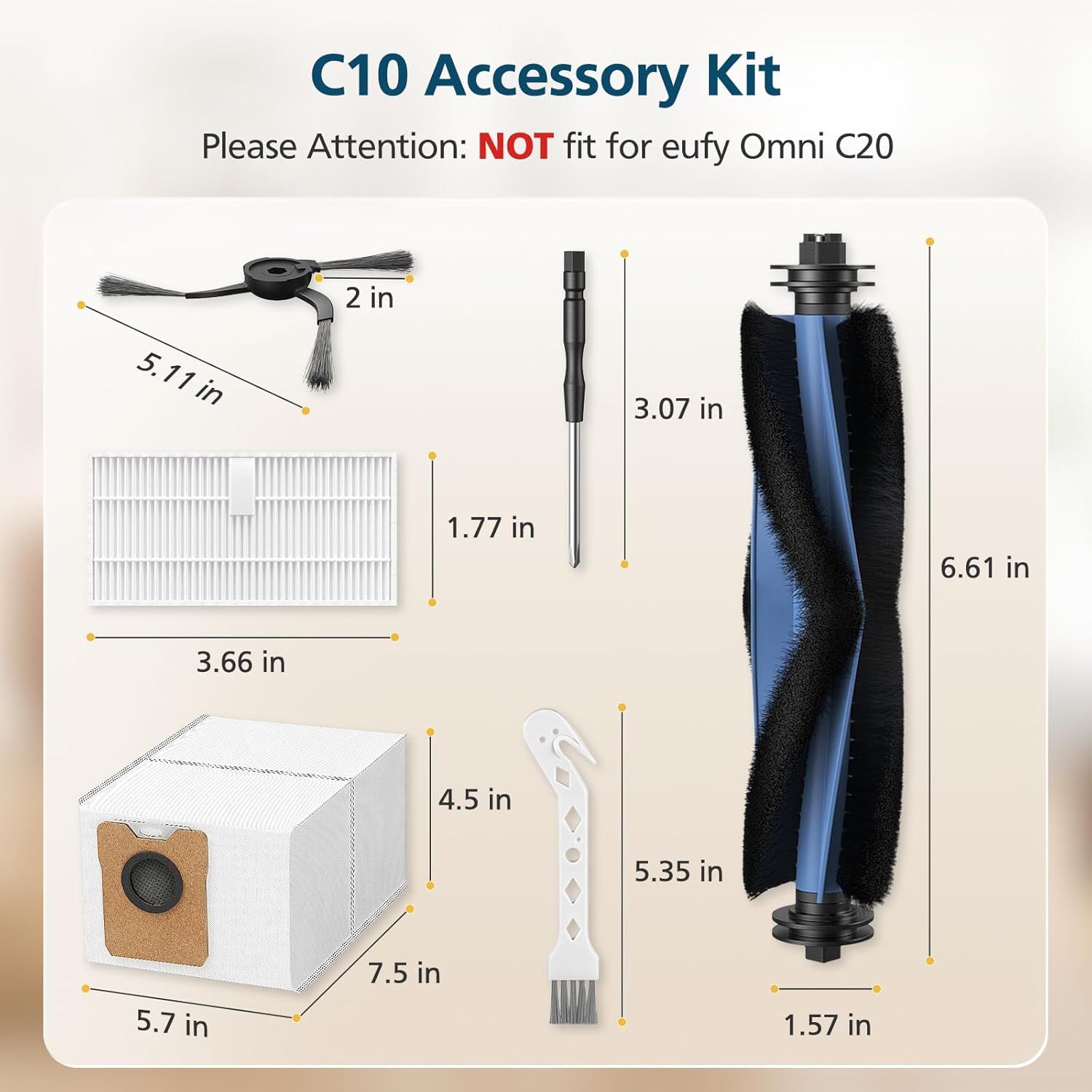 C10 Accessories or euy C10 Robot Vacuum, 22 Pack Replacement Parts Include: 2* Main Rolling Brush, 6* Washable ilter, 6* Side Brush, 6* Dust Bag, 2* Cleaning Tool - Image 2