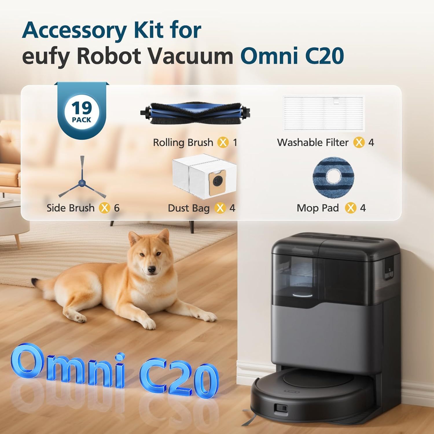 𝗢𝗺𝗻𝗶 𝗖𝟮𝟬 Accessory Kit or euy Omni C20 Robot Vacuum, 𝟭𝟵 𝗣𝗔𝗖𝗞 Replacement Parts Include: 1* Main Rolling Brush, 4* Washable ilter, 6* Side Brush, 4* Dust Bag, 4* Mop Pad - Image 2