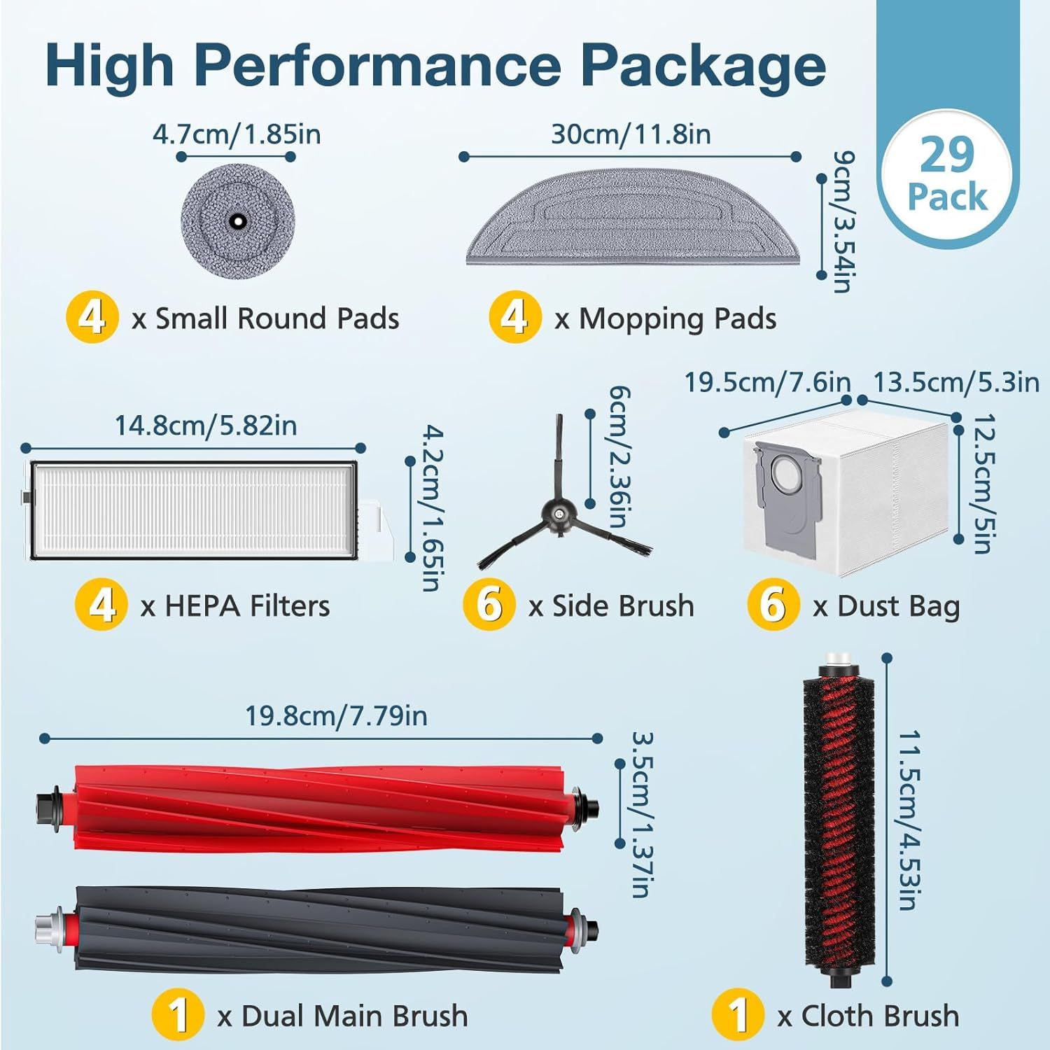 29 Pack S8 MaxV Ultra Accessories Kit or  S8 Maxv Ultra Robot Vacuum Cleaner, 1 Set Main Roller Brush,4 HEPA ilters,6 Side Brushs,6 Dust Bag,4 Mop Pads,4 Edge Mop Clothes,1 Cleaning Brush - Image 2